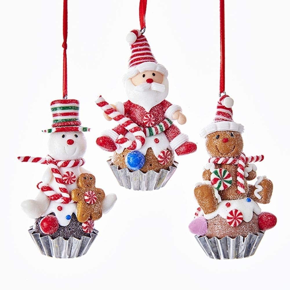 Festive Gingerbread Cupcake Plastic Ornament Set with Santa, Snowman, Gingerbread Man