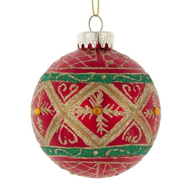 80mm Red and Green Glass Christmas Ornaments with Gold Design, Set of 6