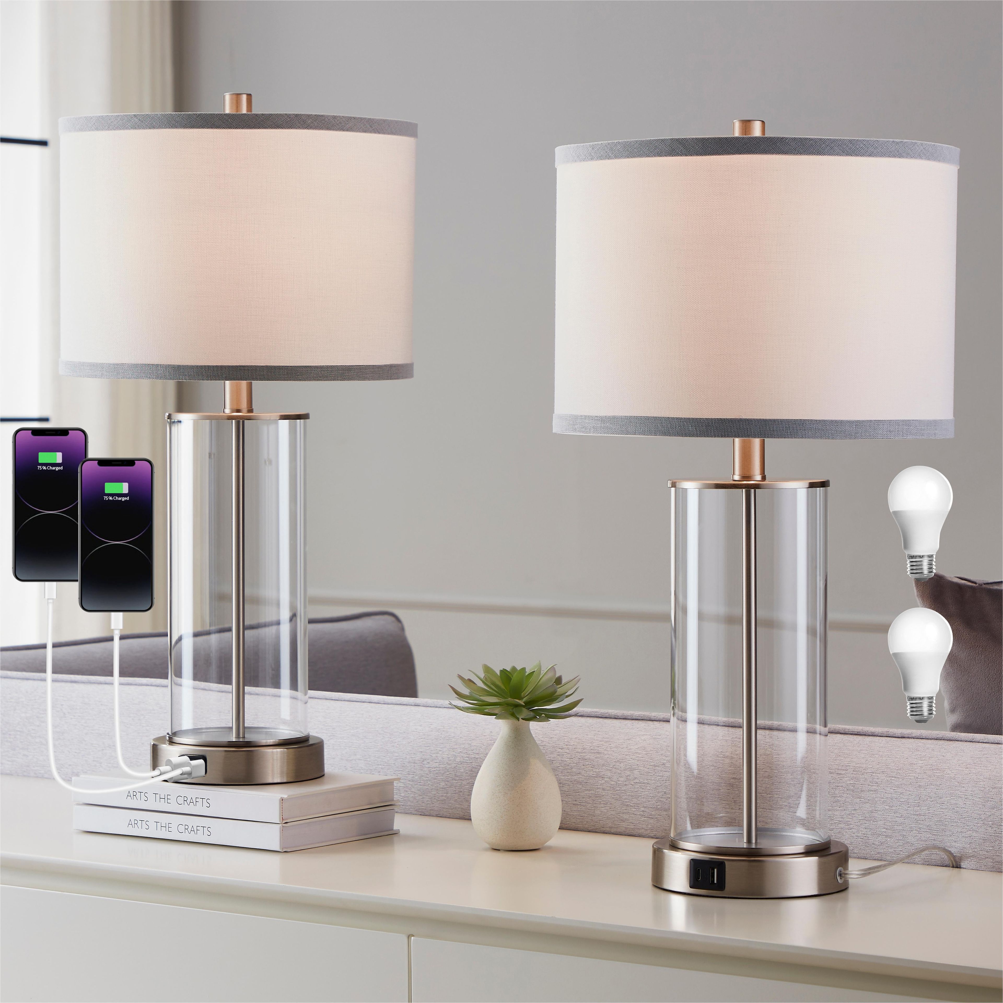 Brushed Nickel Glass Table Lamps with USB Ports and AC Outlet, Set of 2