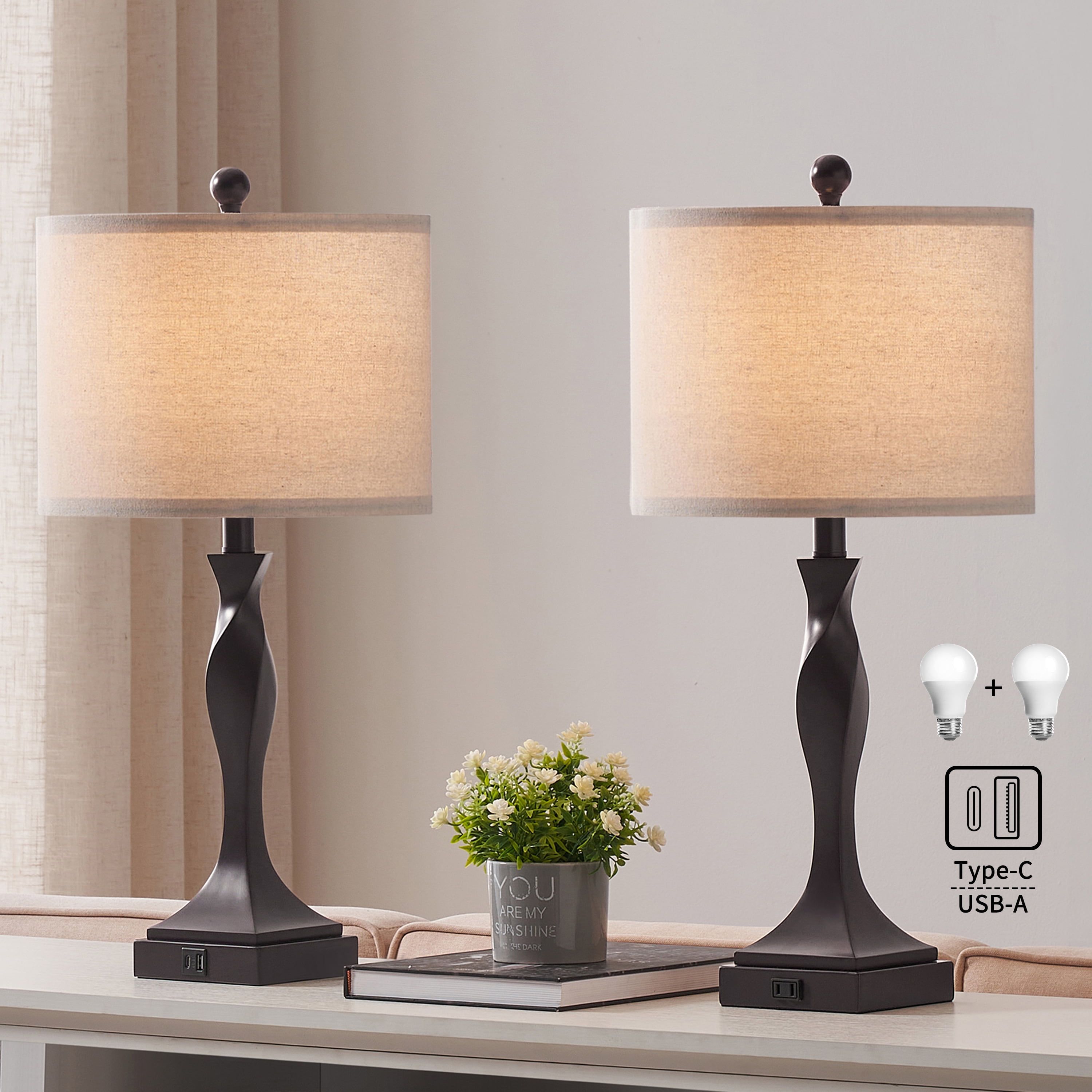 Bronze Spiral Base Table Lamp Set with USB Ports and Fabric Shades