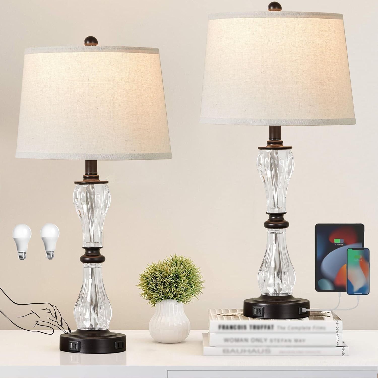 26" Clear Glass Table Lamps with Beige Linen Shades and USB Ports, Set of 2