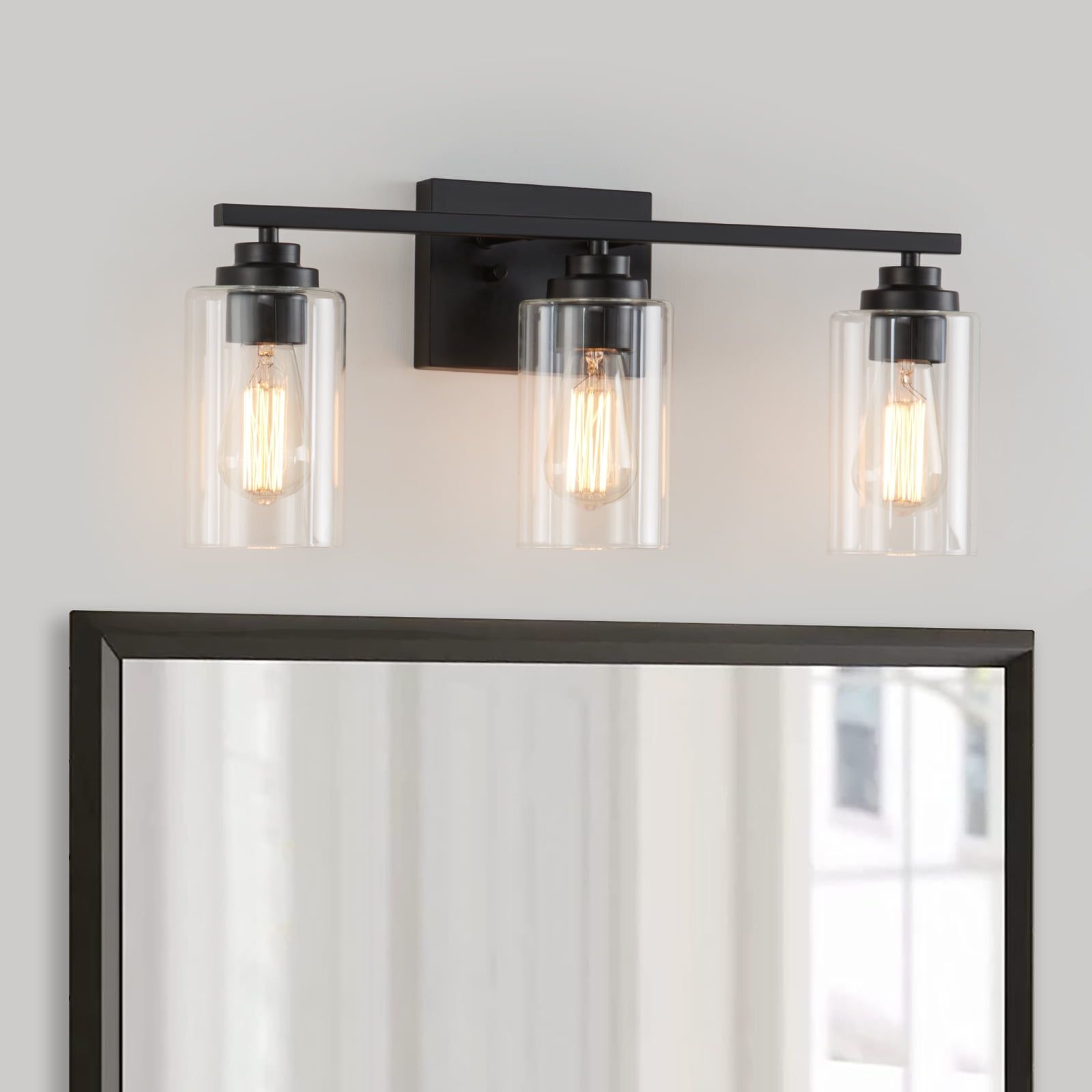 Black 3-Light Modern Cylinder Vanity Light with Glass Shades