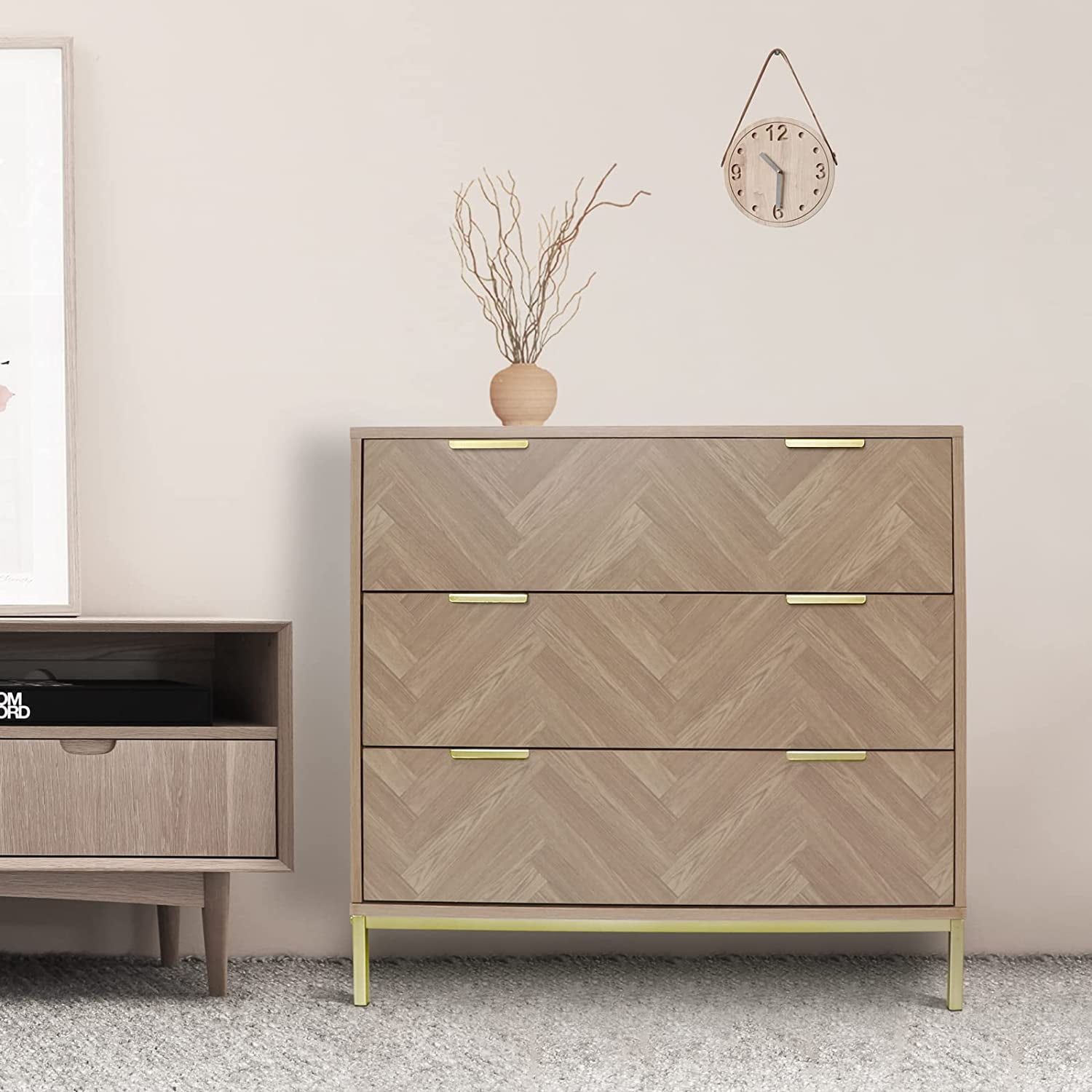 Natural Oak Mid-Century Modern 3-Drawer Dresser with Gold Legs