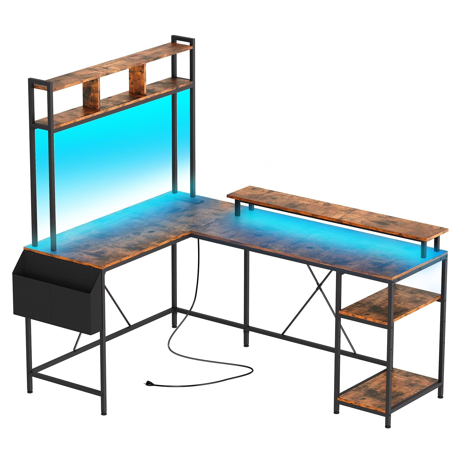 Rustic Brown L-Shaped Gaming Desk with LED Lights and Storage