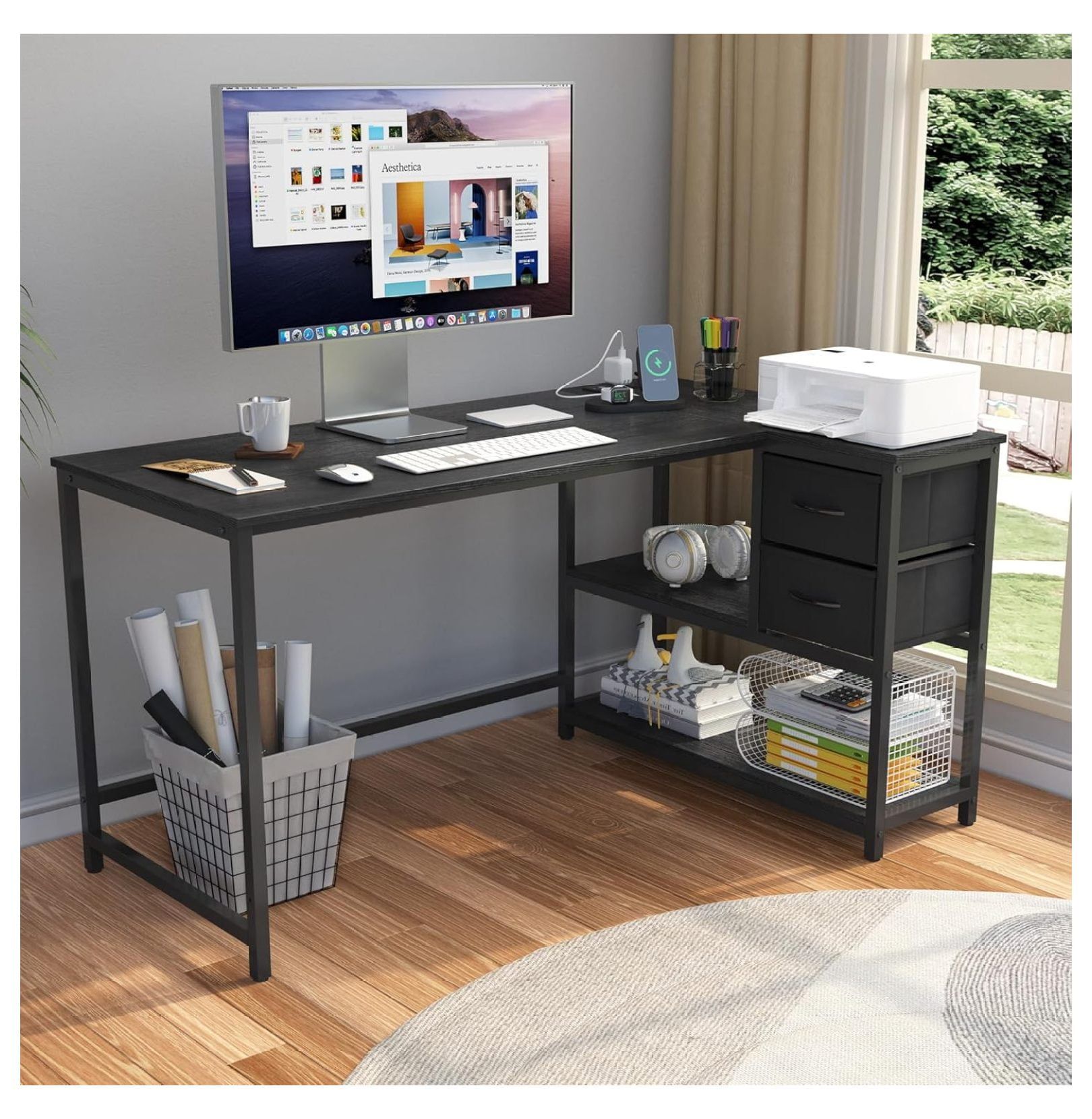 Black Wood L-Shaped Corner Desk with Drawers and USB Port