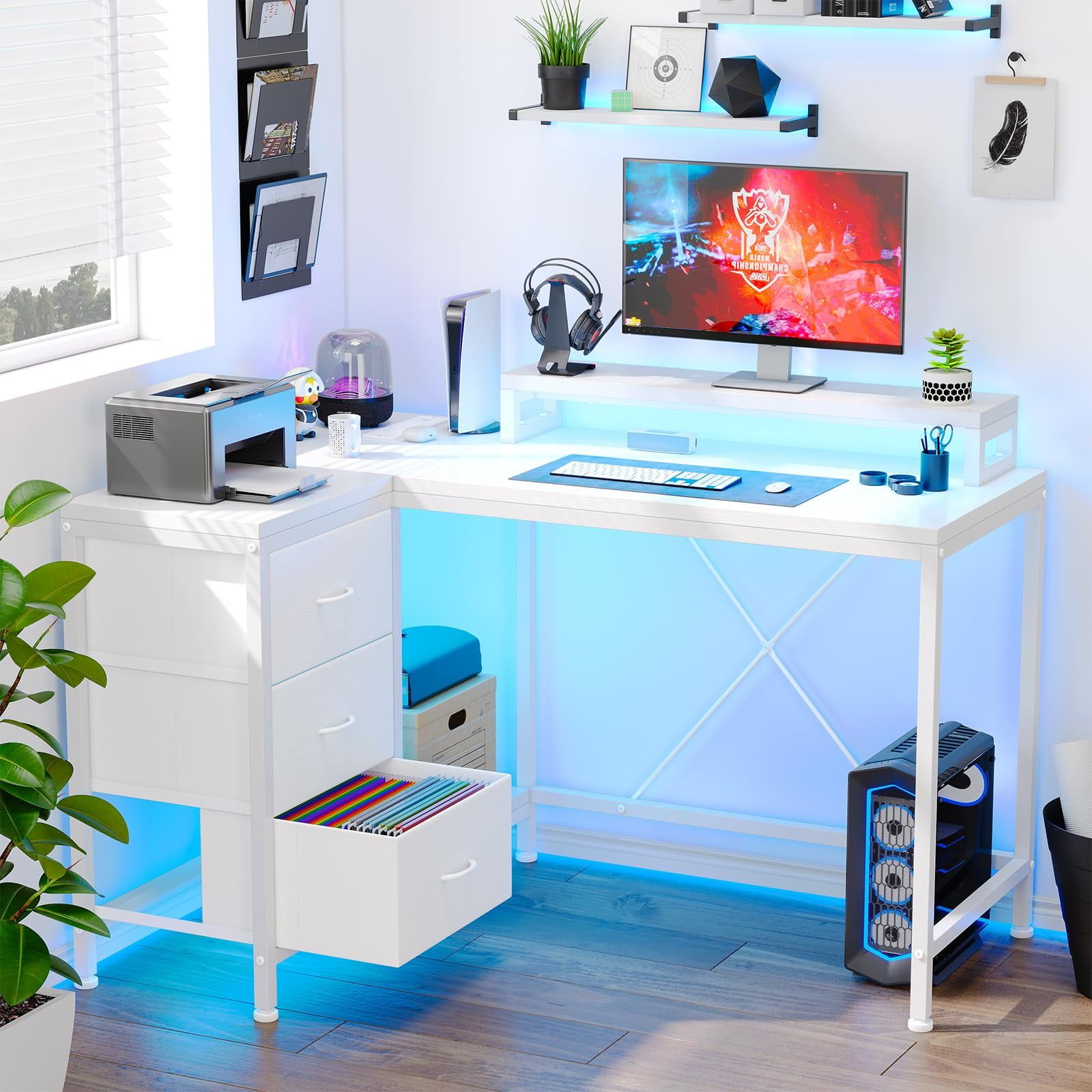 White L-Shaped Computer Desk with Drawers and Power Outlets