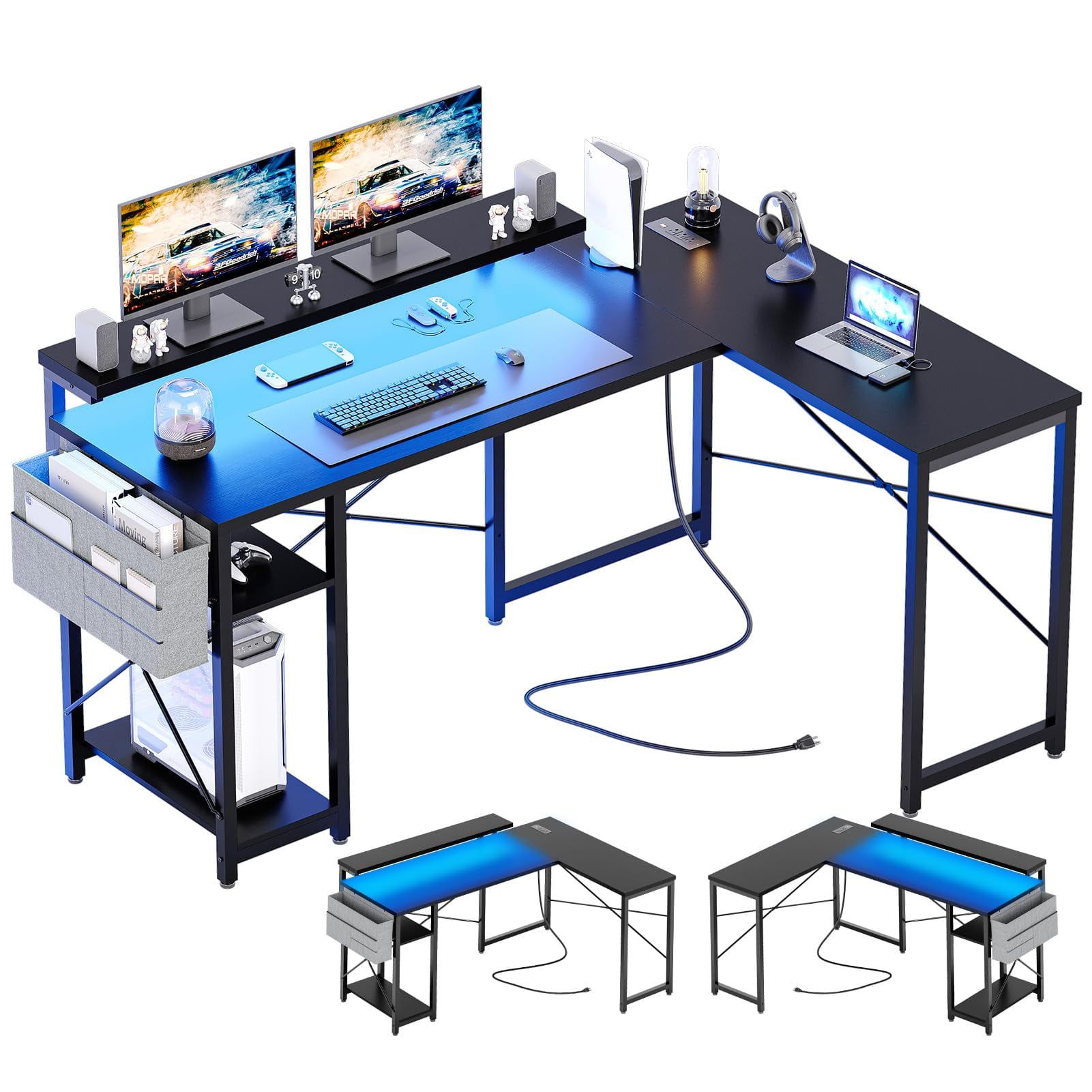 Black L-Shaped Adjustable Gaming Desk with USB Ports