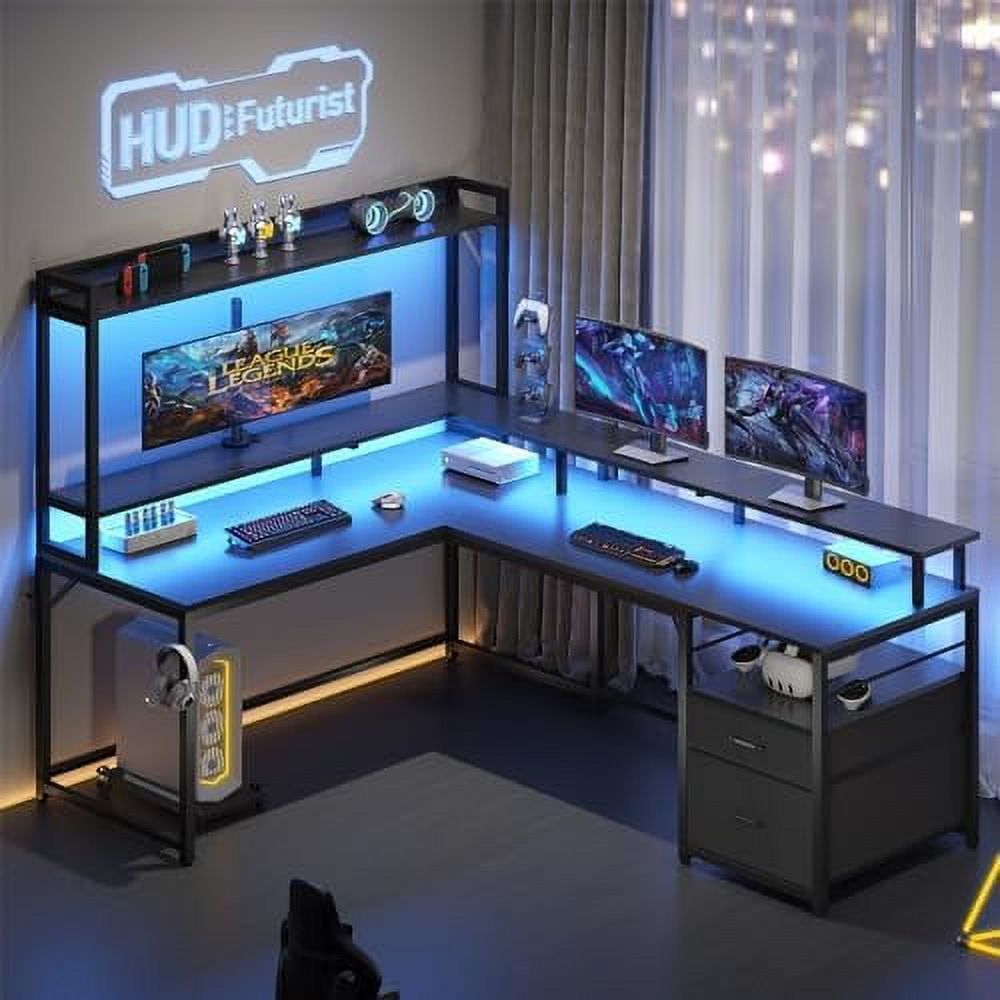 Black L-Shaped Gaming Desk with LED Lights and Hutch