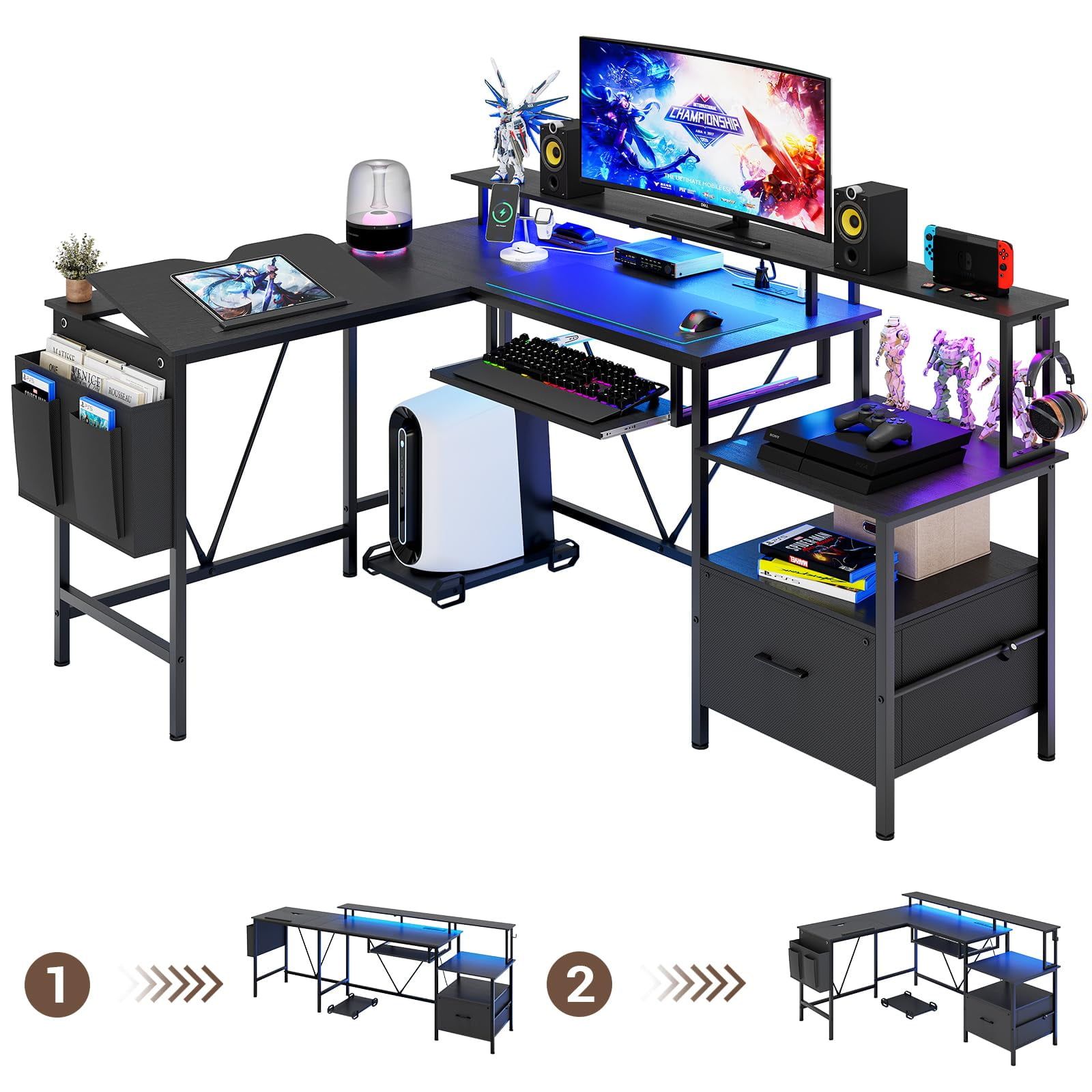 Black L-Shaped Adjustable Gaming Desk with LED and USB Ports