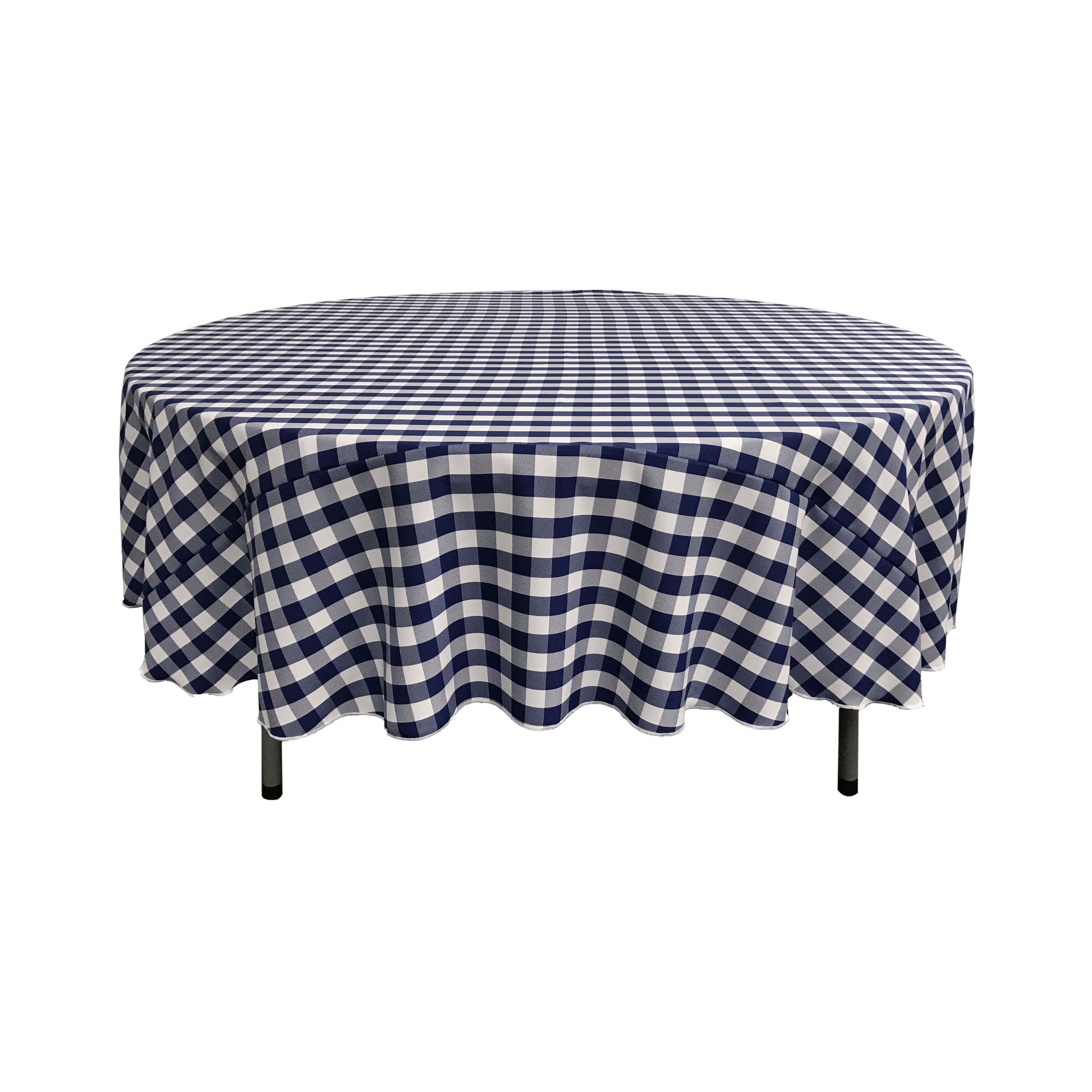 90-Inch Round Navy and White Polyester Checkered Tablecloth