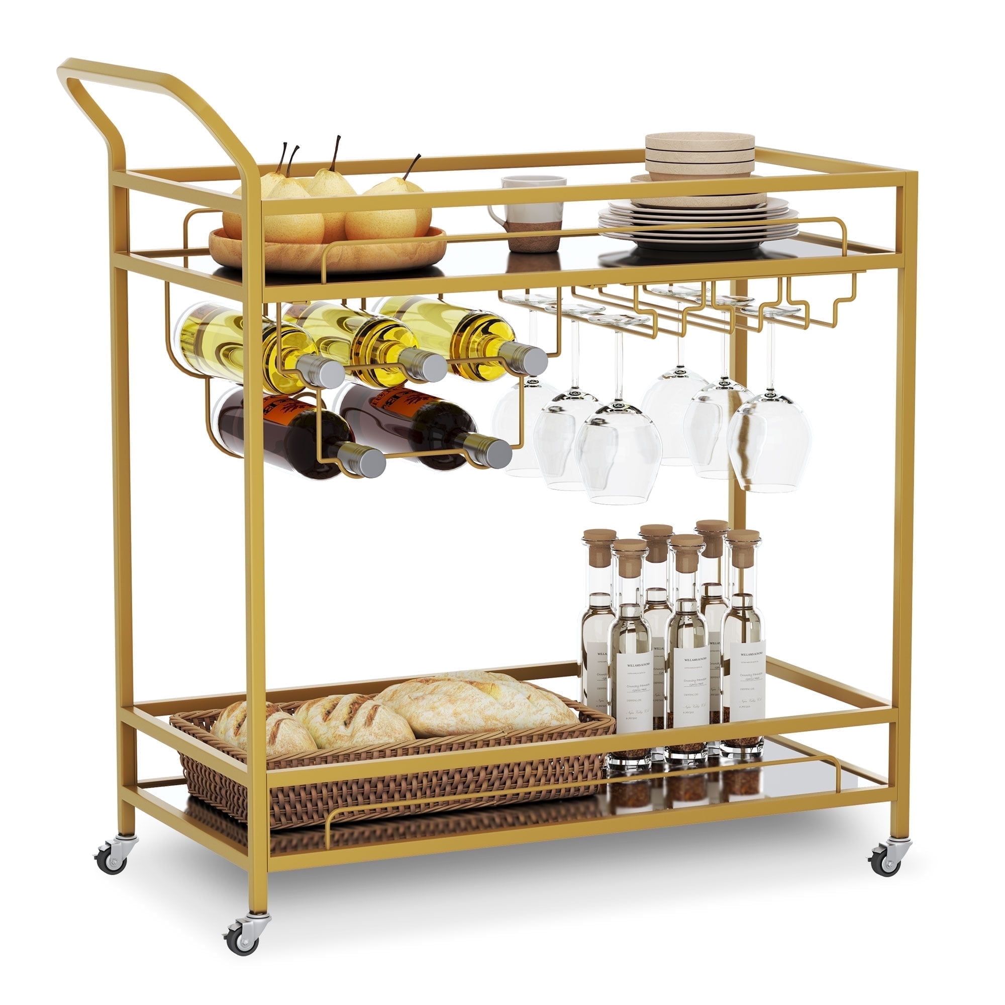 Gold Metal Bar Cart with Wine Rack and Glass Shelves