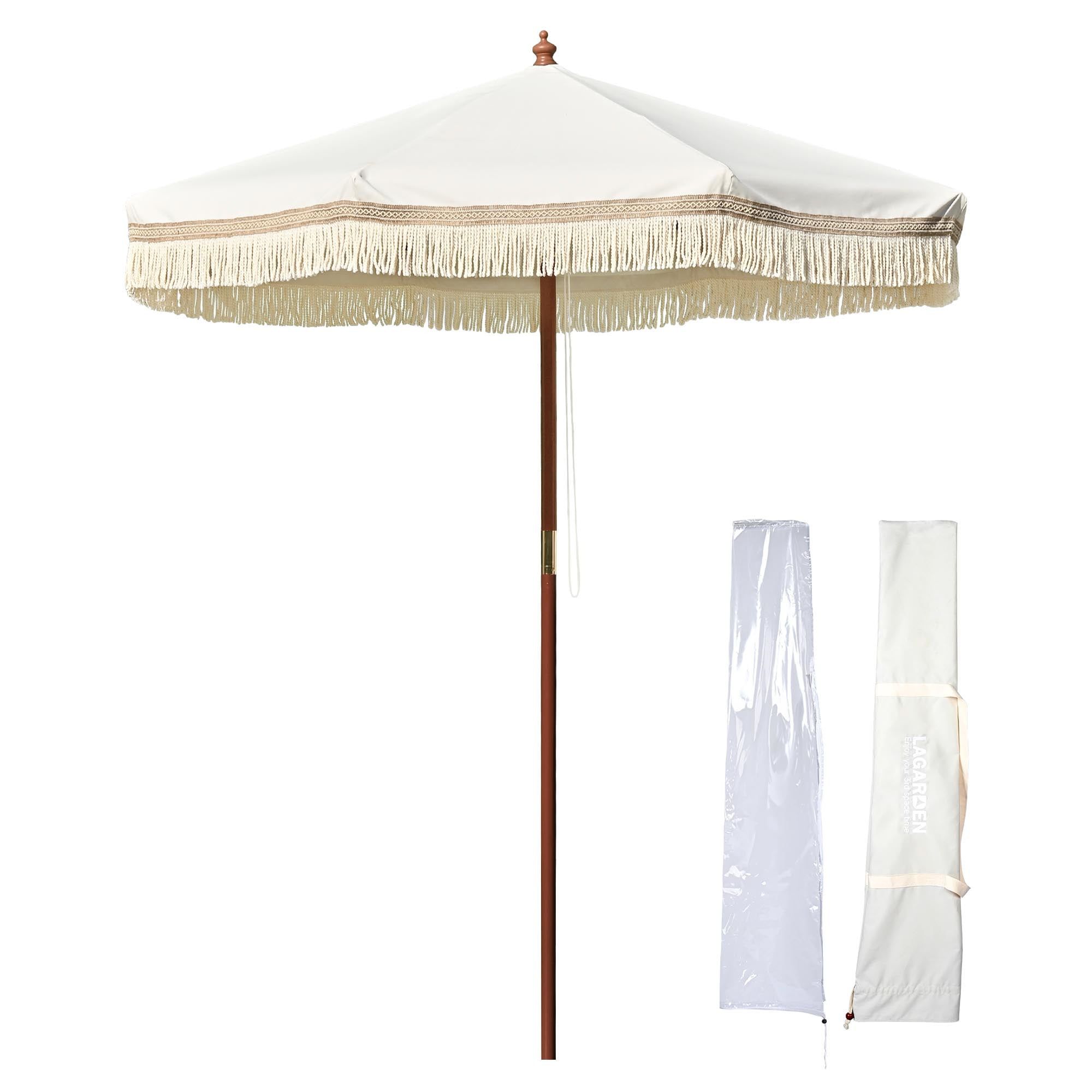 7' Boho Beige Patio Umbrella with Wooden Pole and Tassels