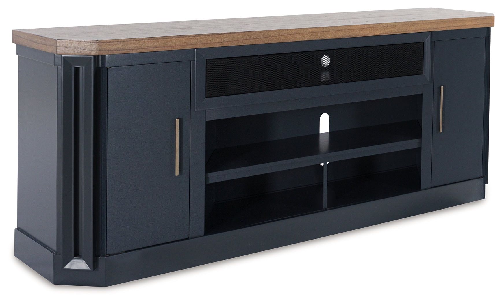 Landocken 83" Brown and Blue TV Stand with Fireplace