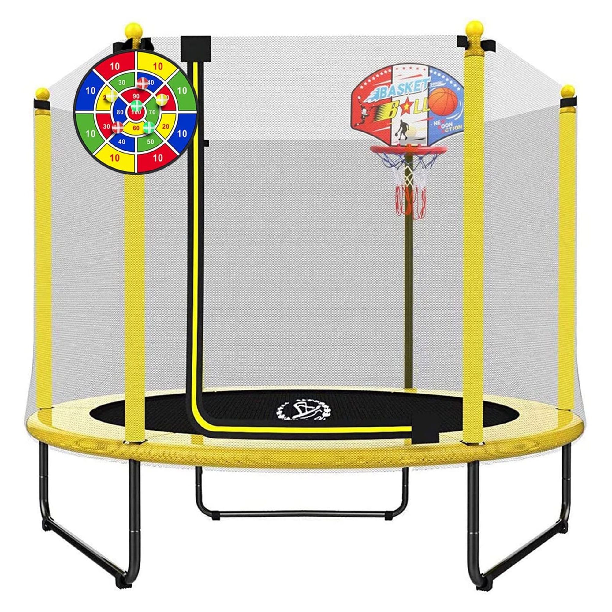 Yellow 60" Kids Trampoline with Basketball Hoop and Dart Board