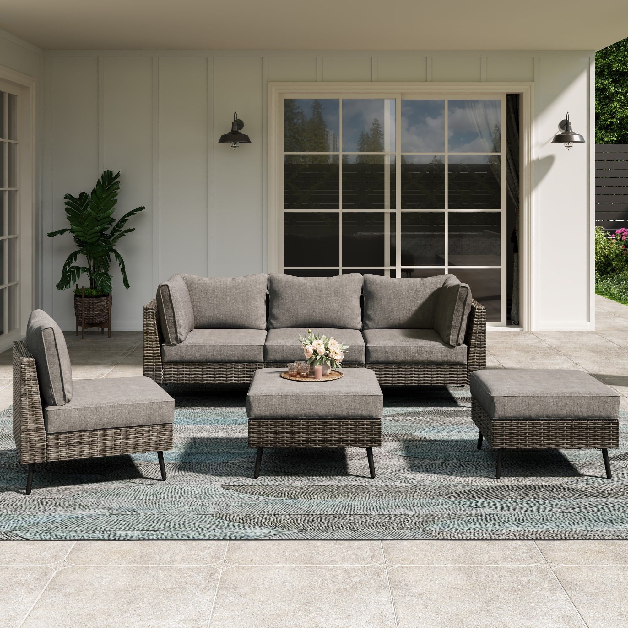 Gray 6-Piece PE Wicker Patio Conversation Set with Cushions