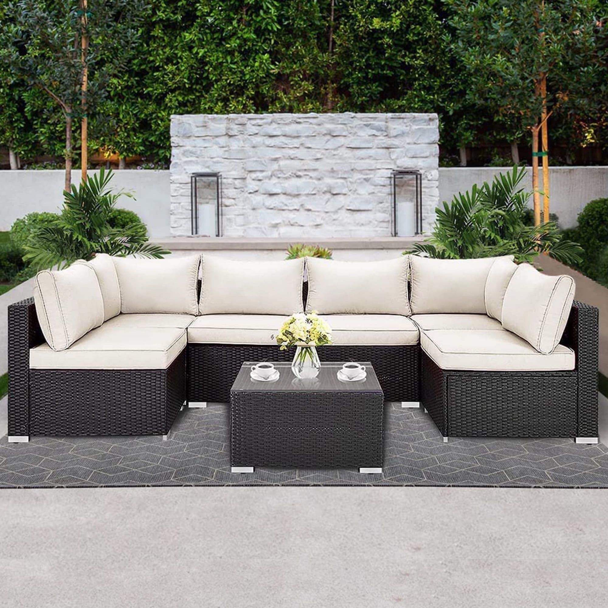 Beige Cushioned 7-Piece Black Wicker Outdoor Sectional Set