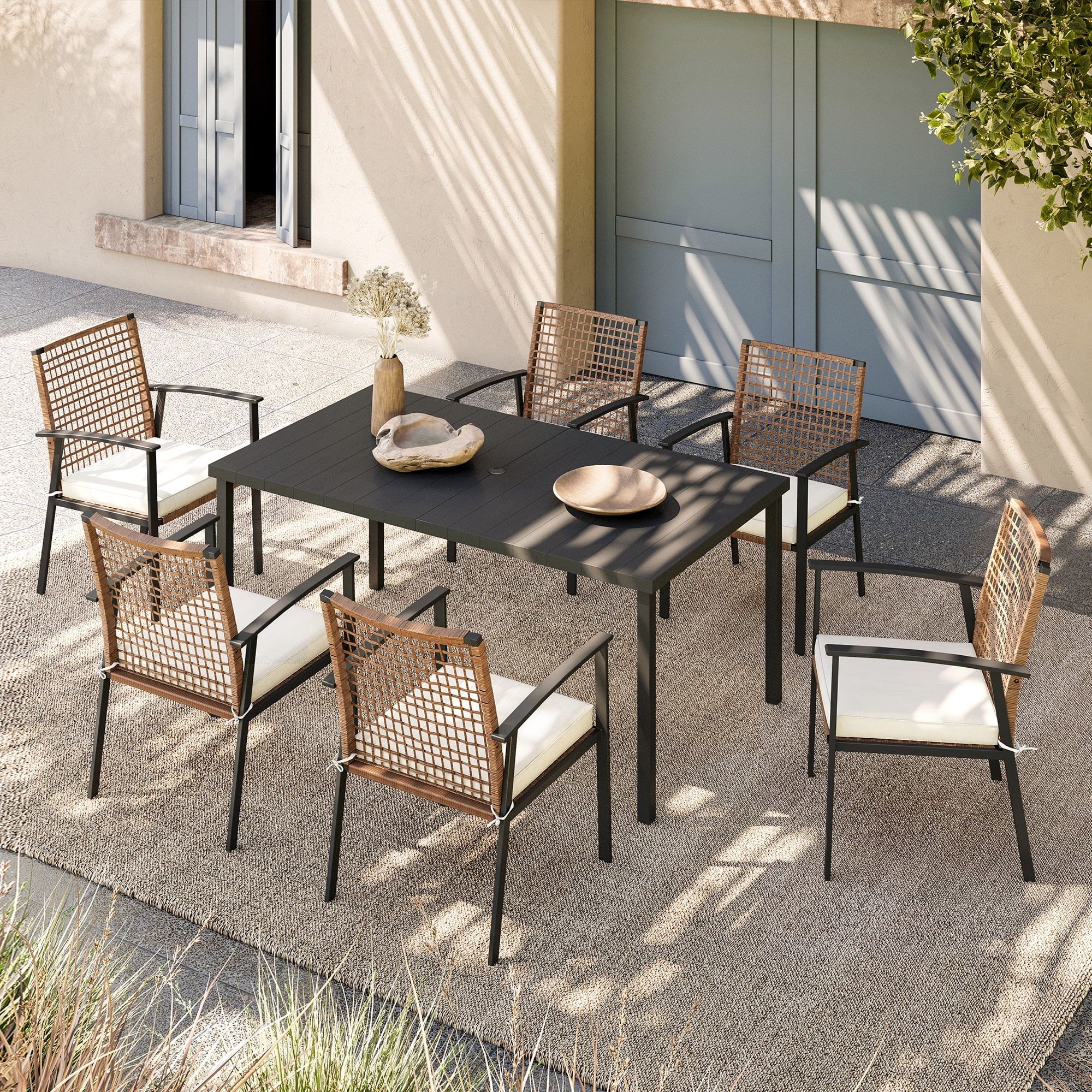 7-Piece Black Steel Patio Dining Set with Beige Cushions