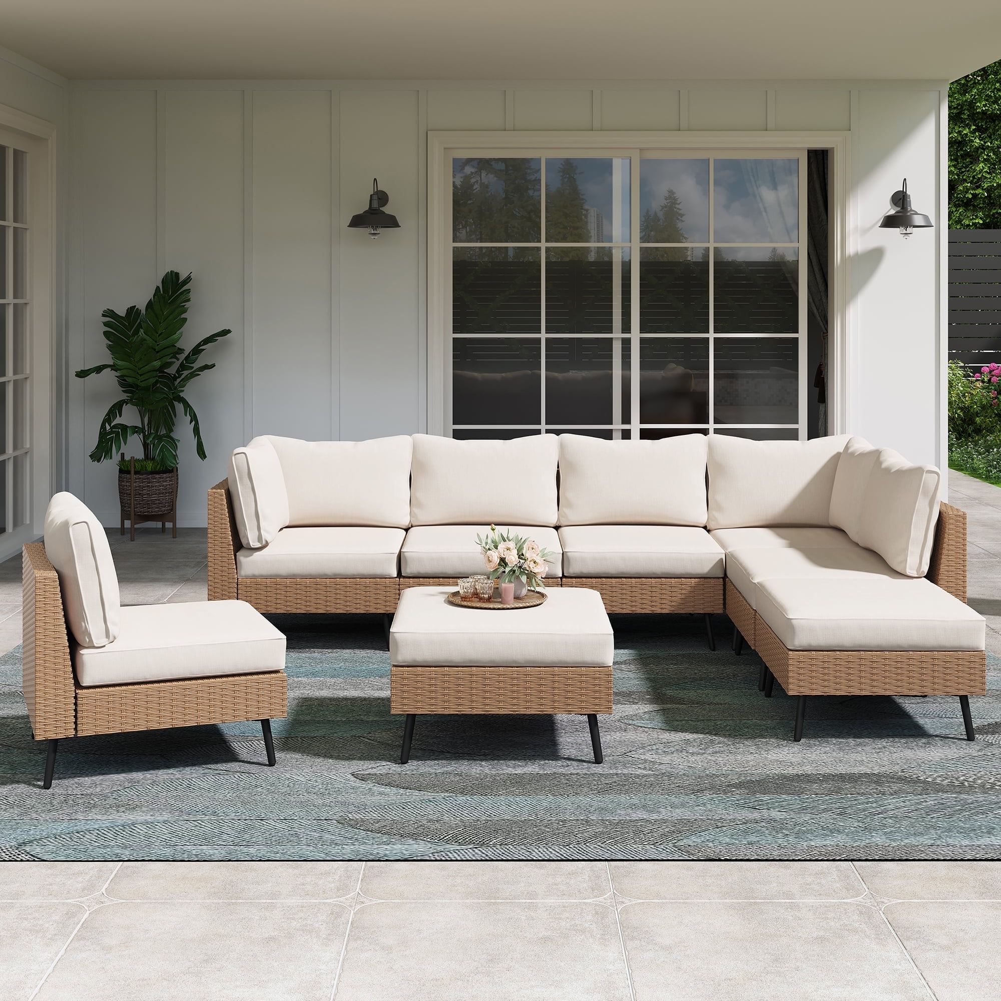 Beige 8-Piece Steel Frame Outdoor Sectional Sofa Set