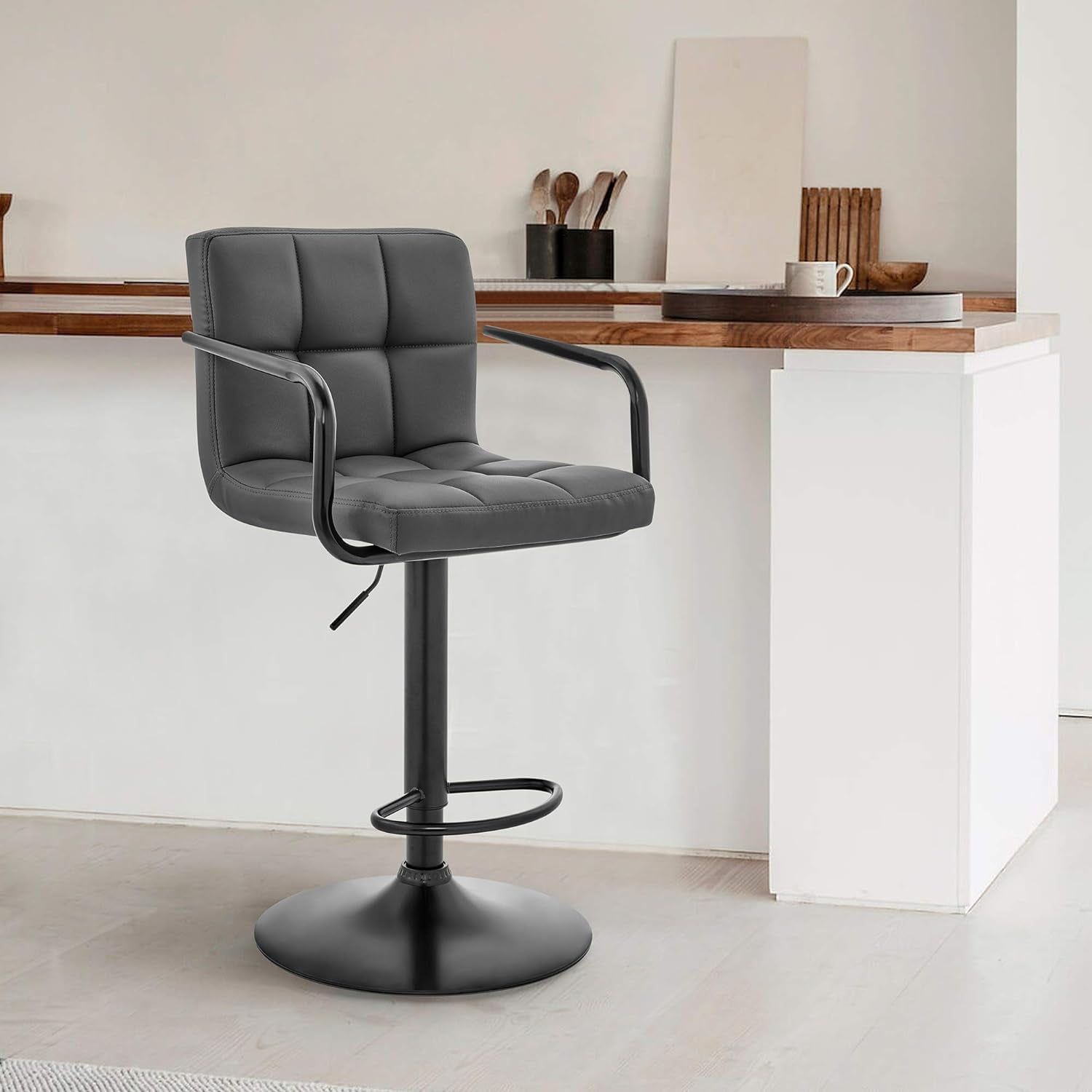 Gray Faux Leather Adjustable Swivel Bar Stool with Metal Base