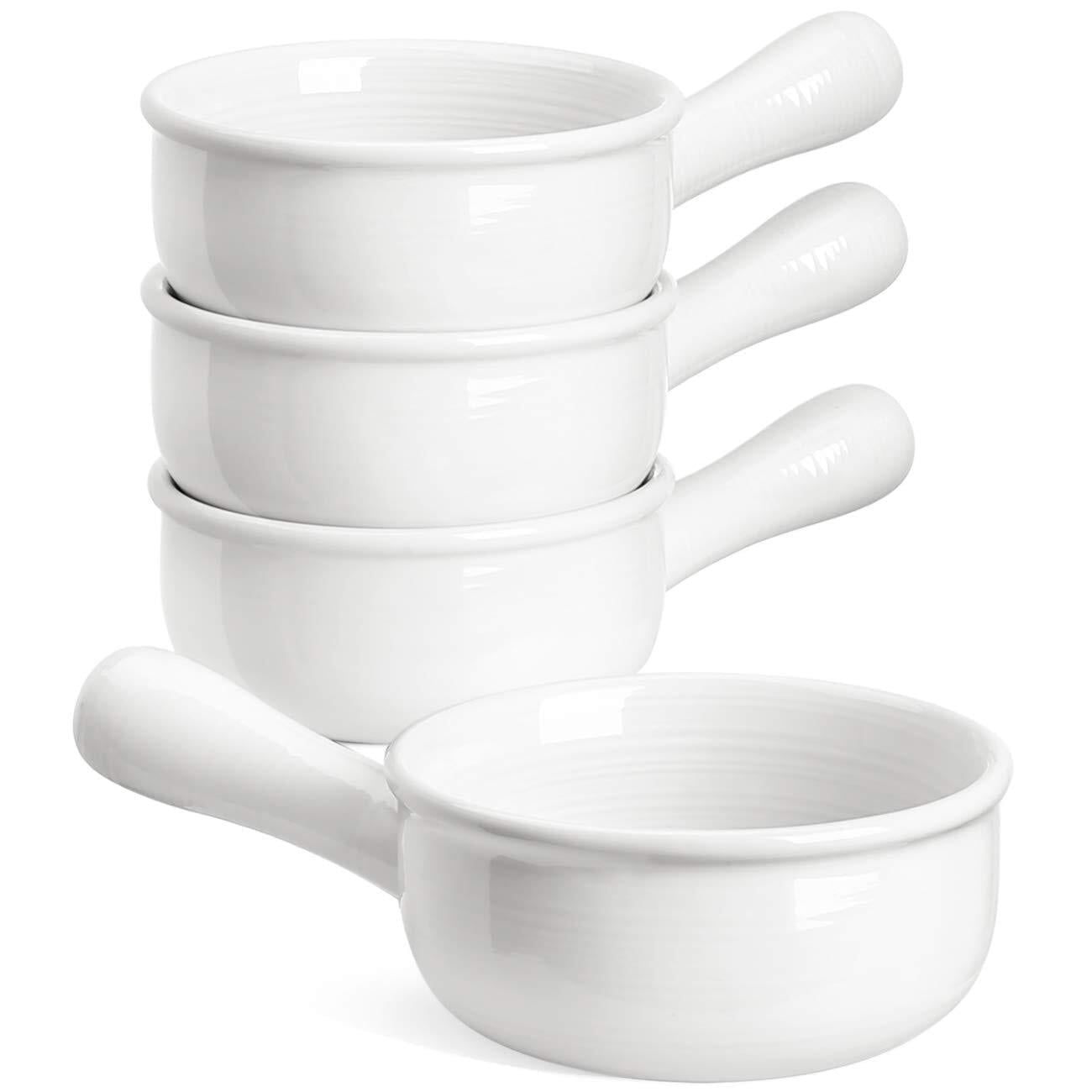 White Ceramic 15 Oz French Onion Soup Bowls with Handles, Set of 4