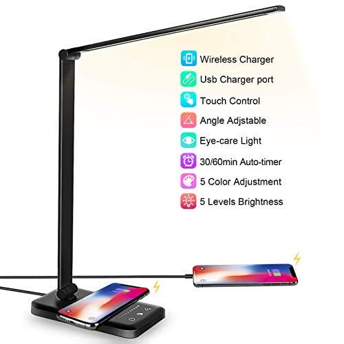 Black Adjustable LED Desk Lamp with Wireless Charger and USB Port