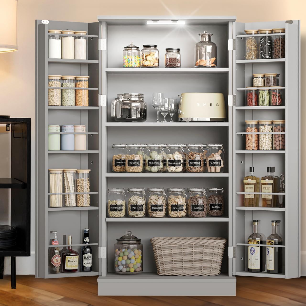 50'' Gray LED Kitchen Pantry Cabinet with Adjustable Shelves