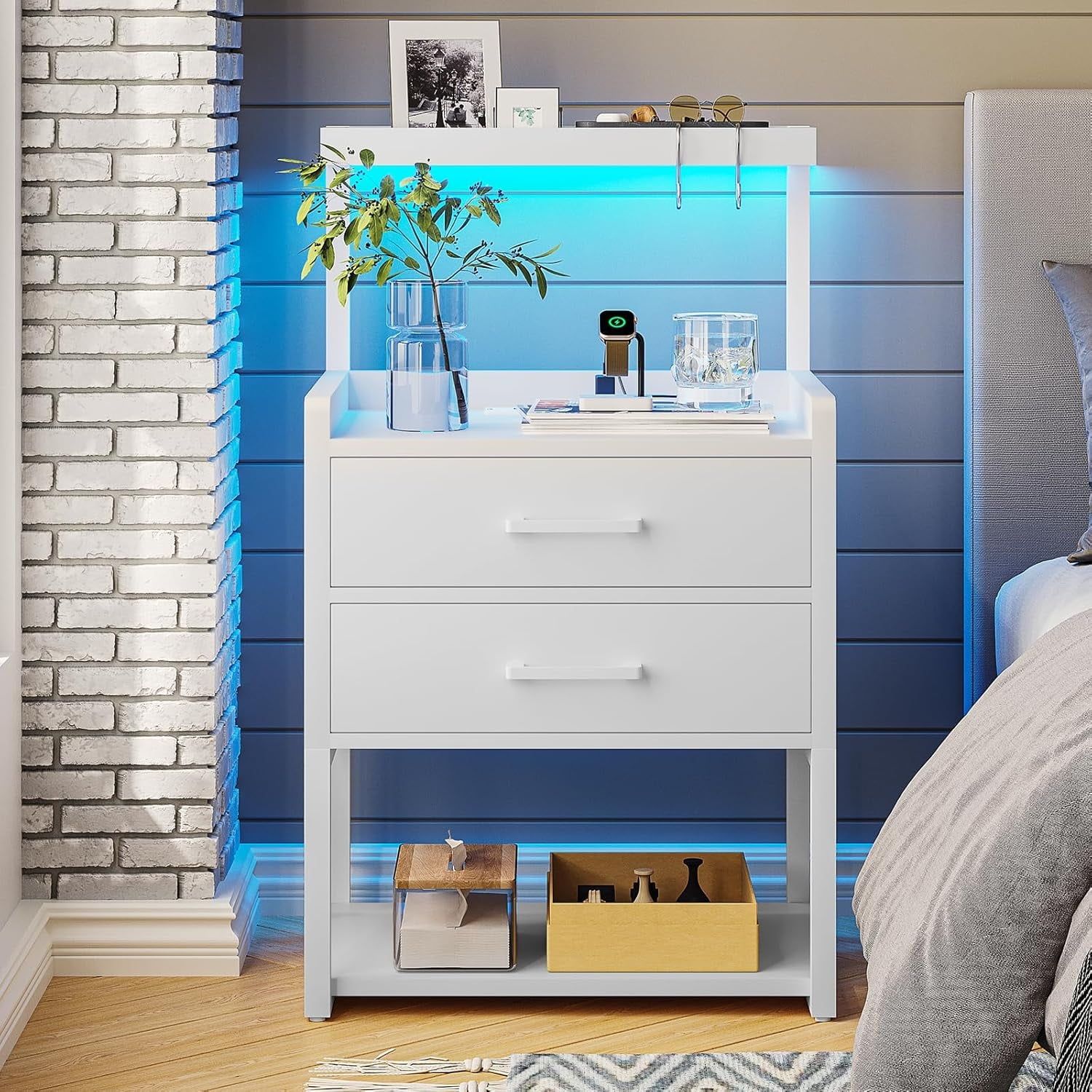 White LED Nightstand with Charging Station and Storage Shelves