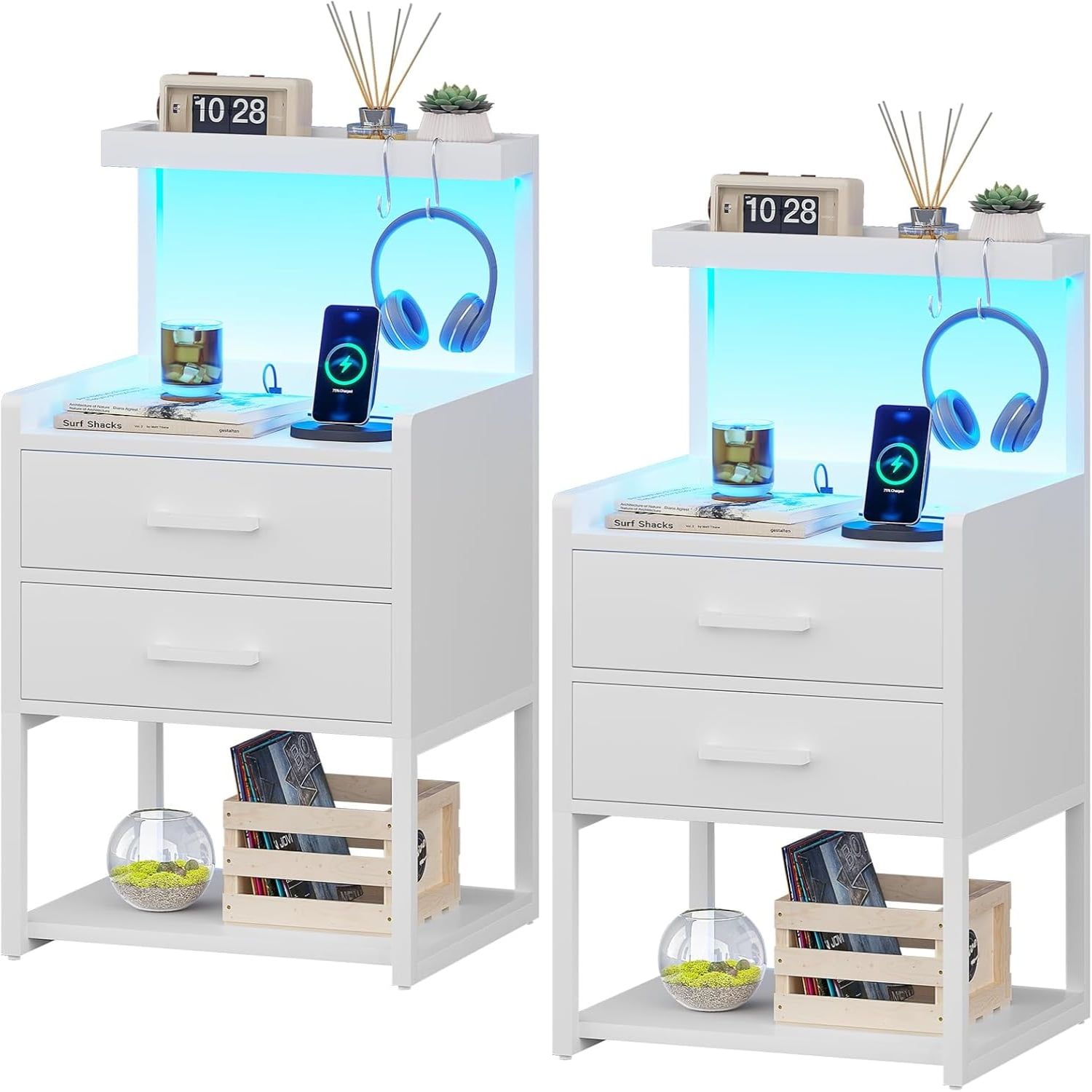 White LED Nightstand with Charging Station and Storage Shelves