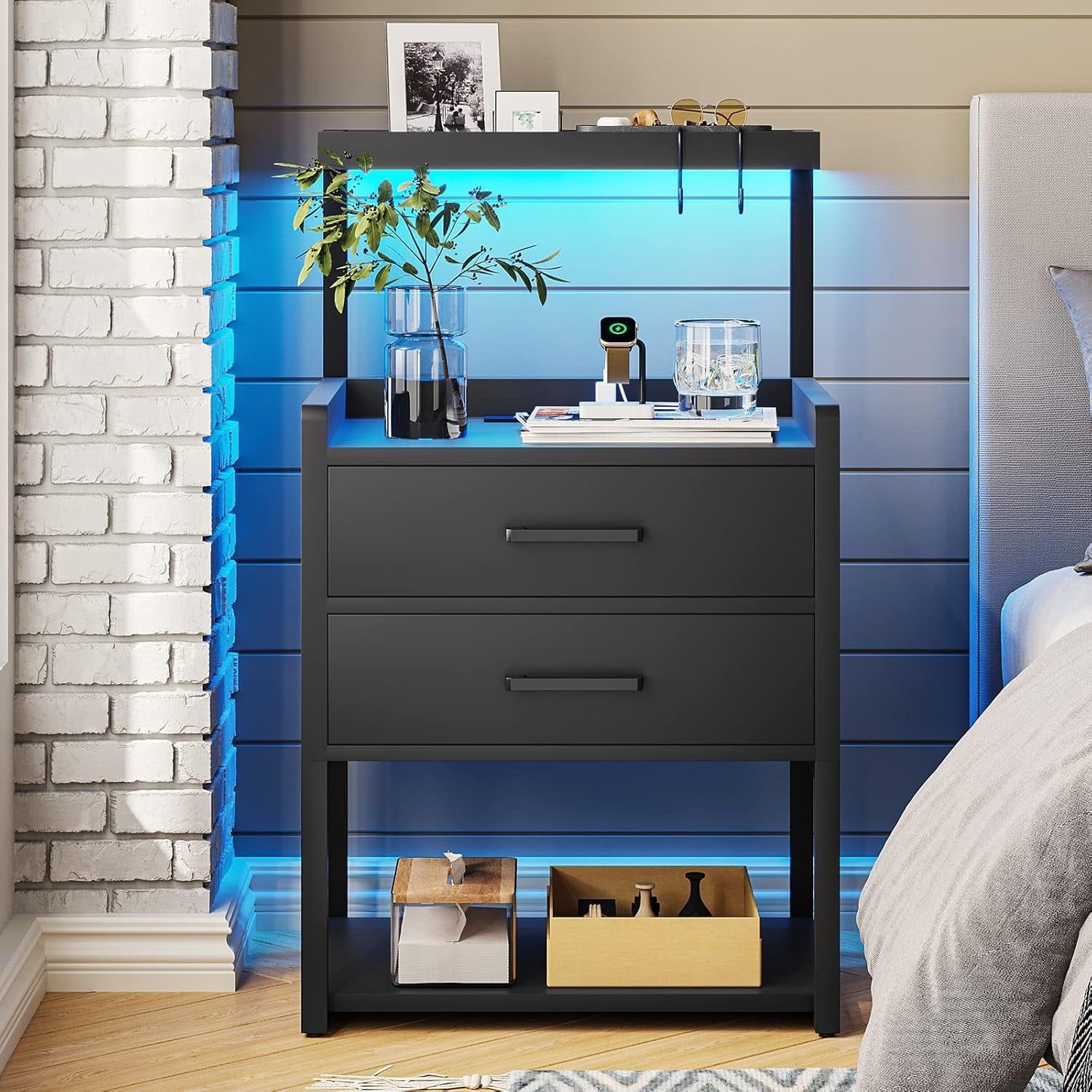Black LED Nightstand with Charging Station and Storage Shelves