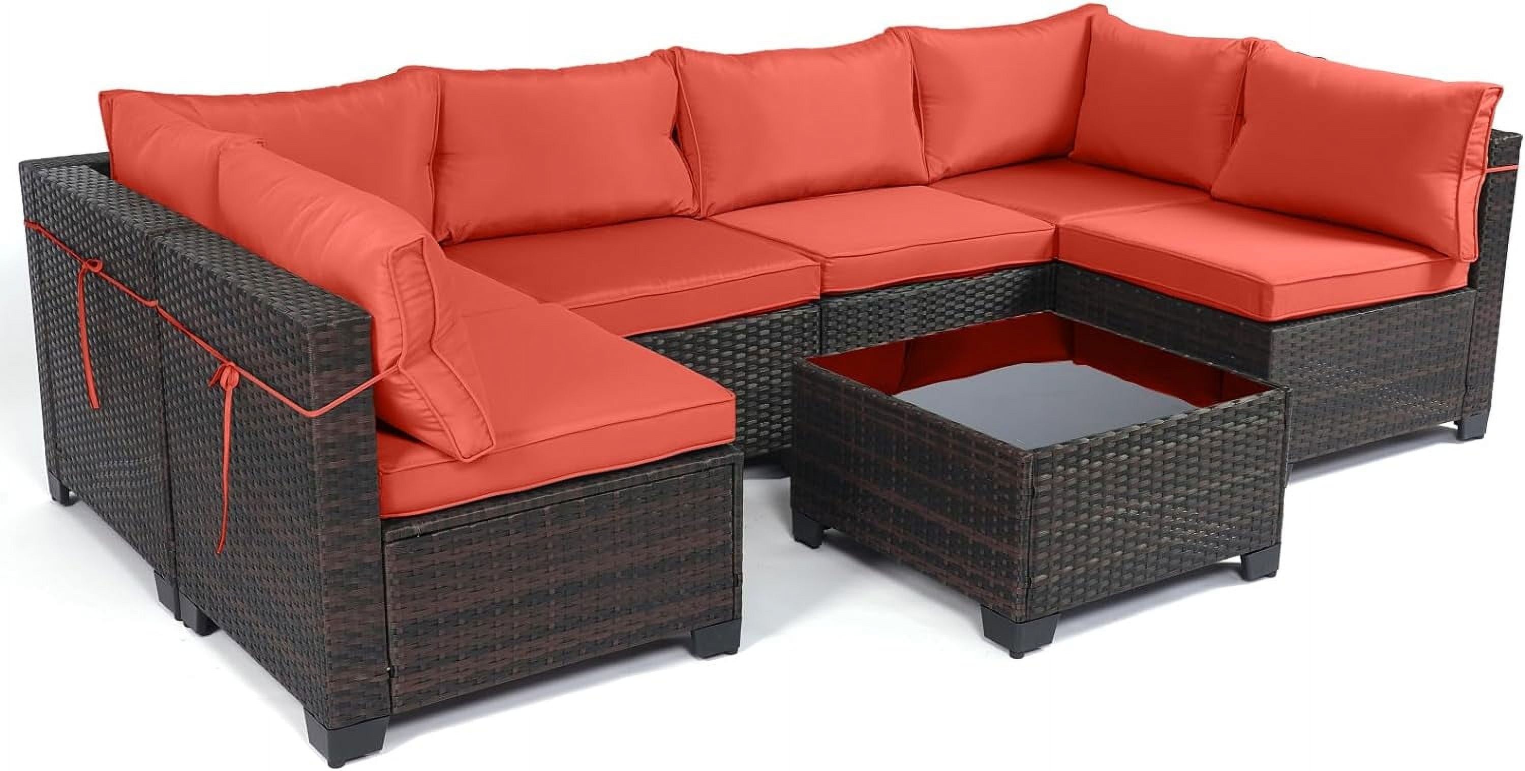 7-Piece Red Cushioned Wicker Patio Sectional Sofa Set with Brown Iron Frame