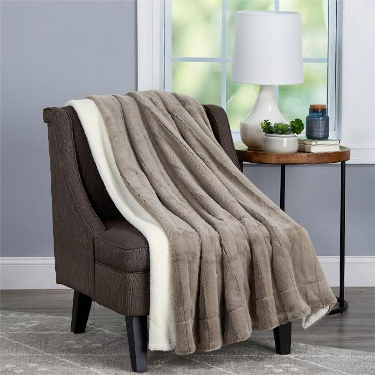 Coffee Faux Fur and Sherpa Reversible Throw Blanket 60 x 70 in