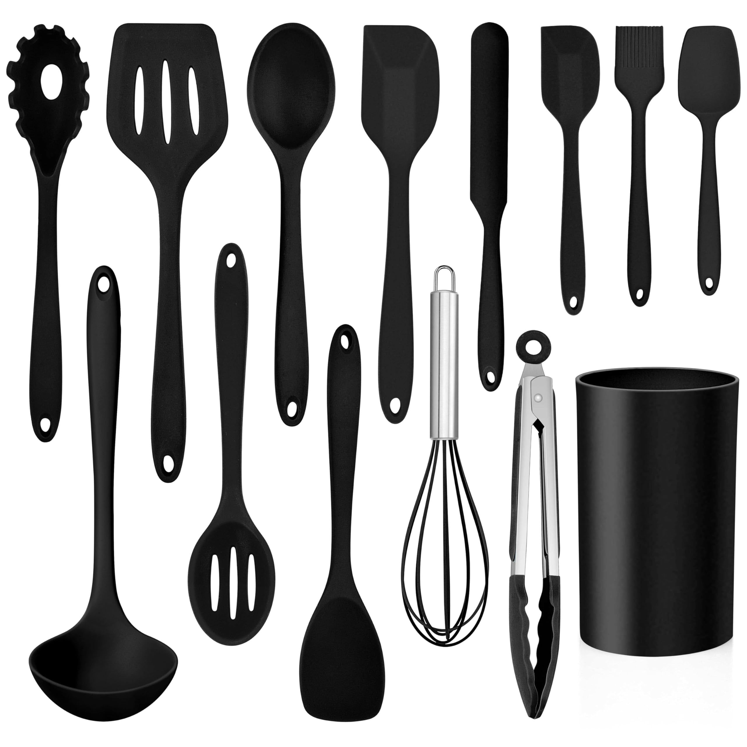 Black 14-Piece Heat Resistant Silicone Cooking Utensils Set with Holder