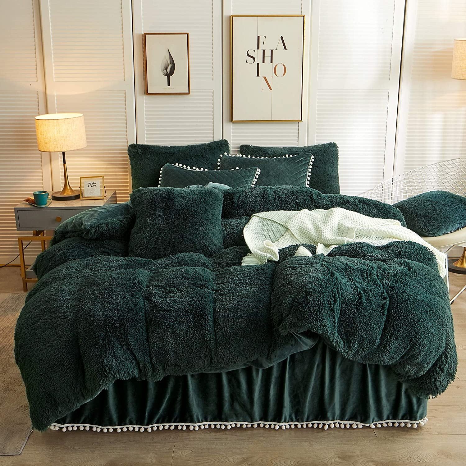 Dark Green Plush Faux Fur Queen Duvet Cover Set