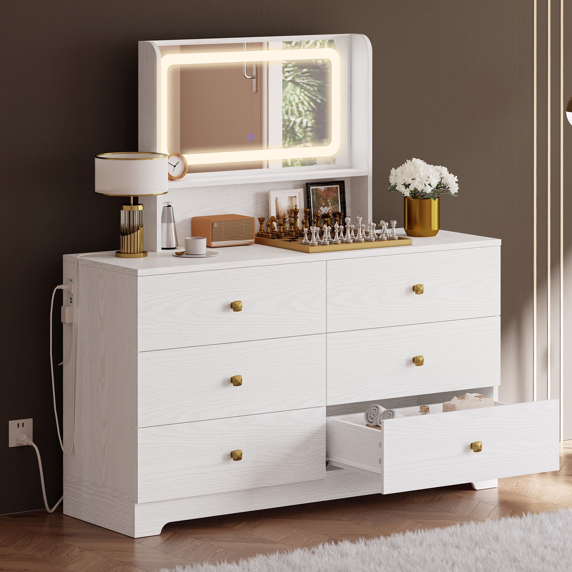 White MDF Double Dresser with Mirror and Soft Close Drawers