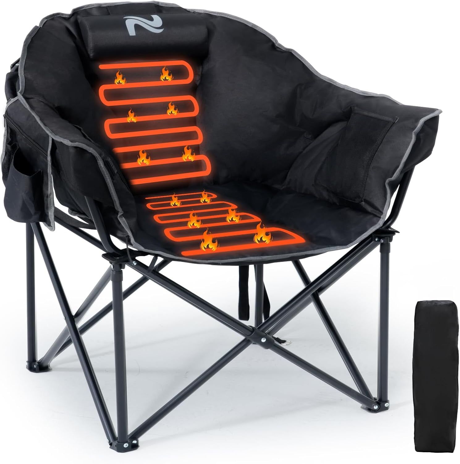 Black Oversized Heated Folding Camping Chair with Armrests