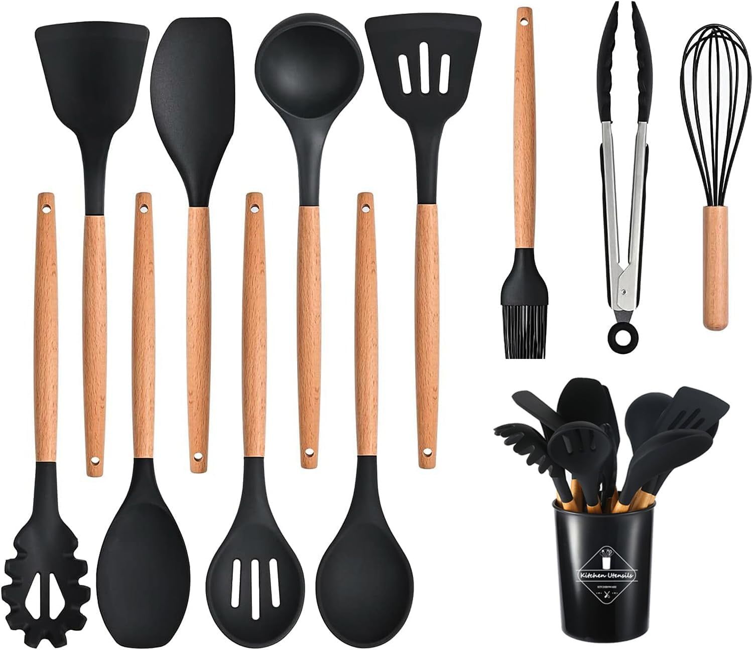 Black Silicone and Wood 12-Piece Heat Resistant Kitchen Utensil Set