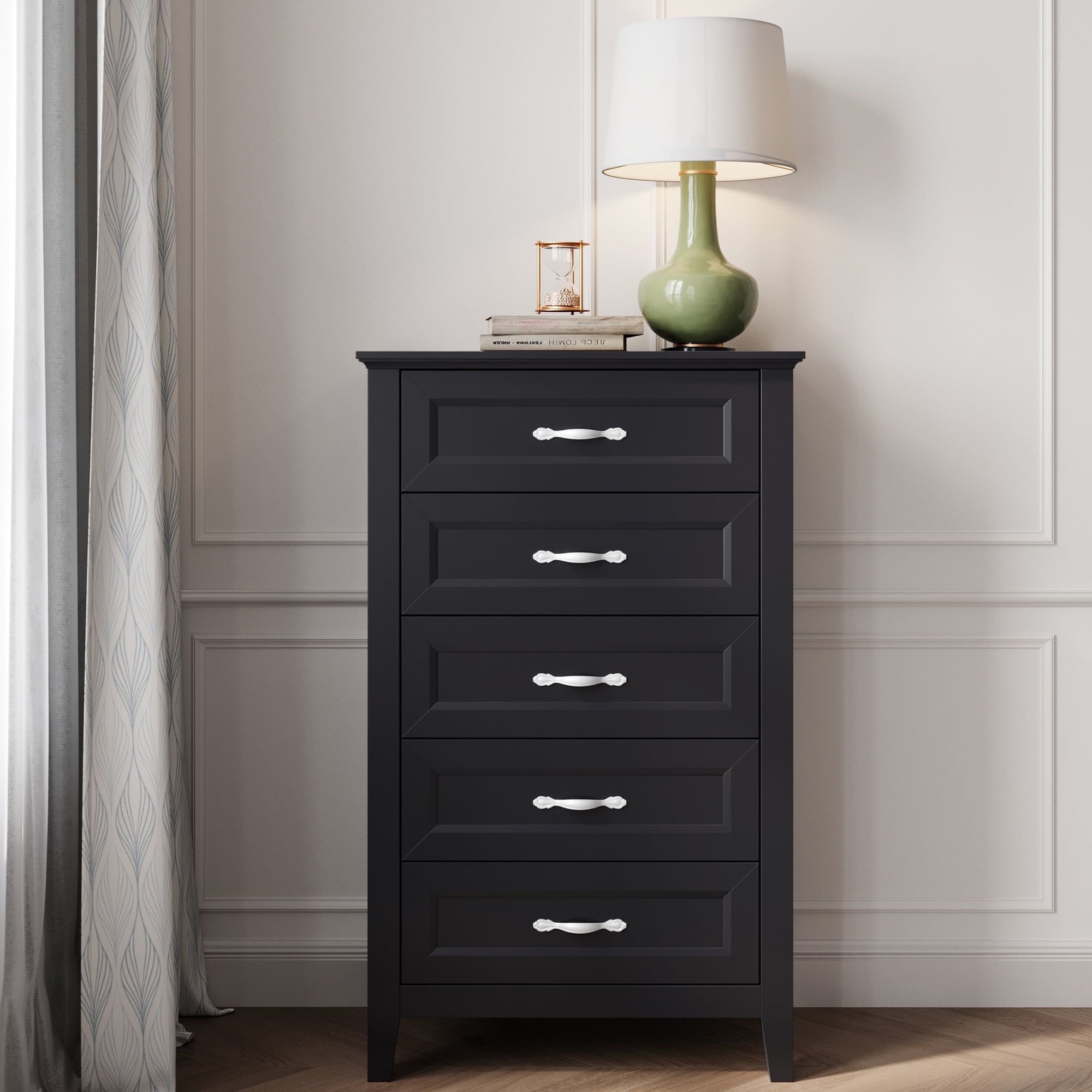 Farmhouse Black 5-Drawer Wood Dresser with Metal Handles