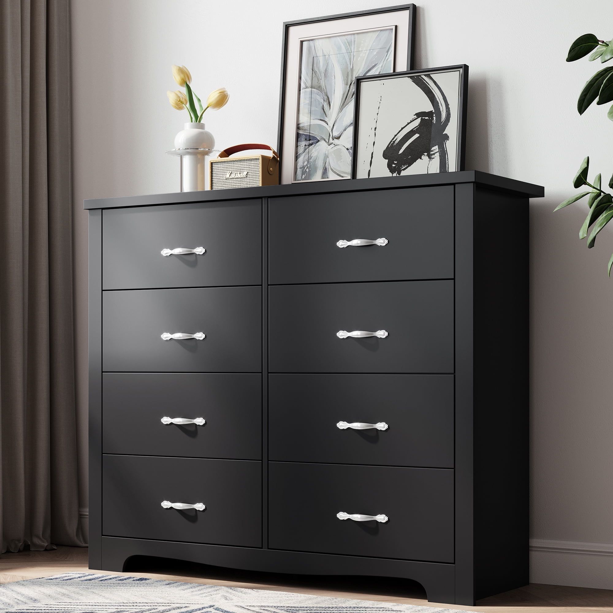 Black Mid-Century Modern 8-Drawer Double Dresser