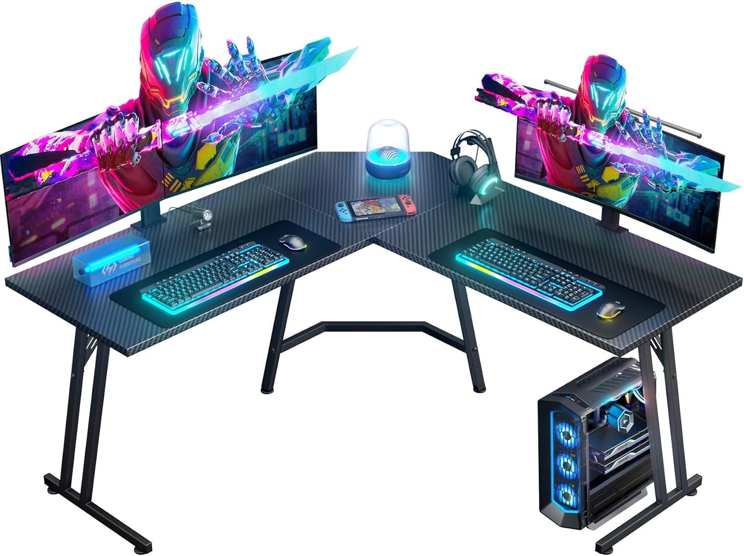 51 Inch Black Carbon Fiber L-Shaped Gaming Desk with Drawer