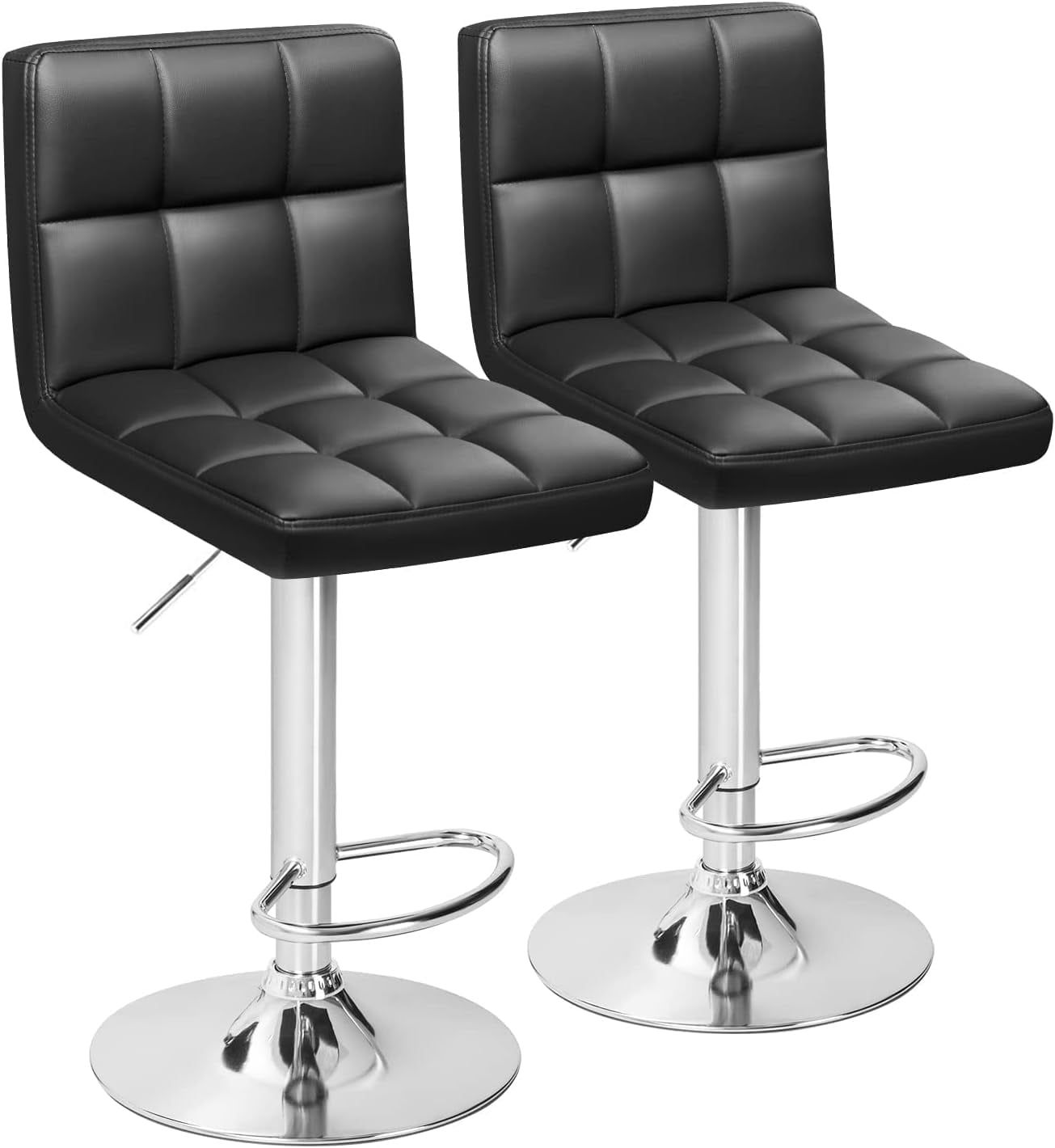 Black PU Leather Adjustable Swivel Bar Stools with Chrome Base, Set of 2