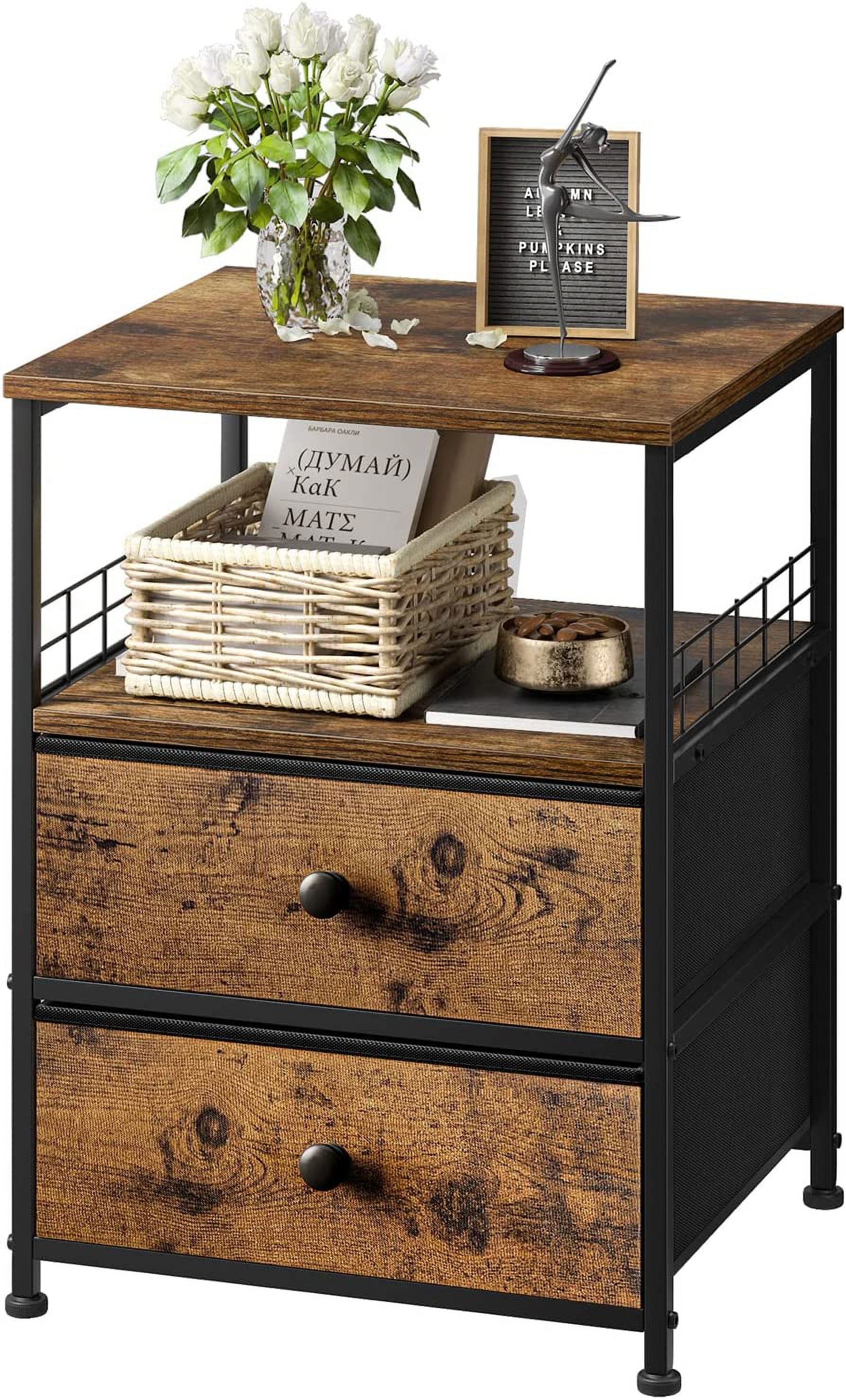 Rustic Brown Industrial Nightstand with Fabric Drawers and Open Shelf