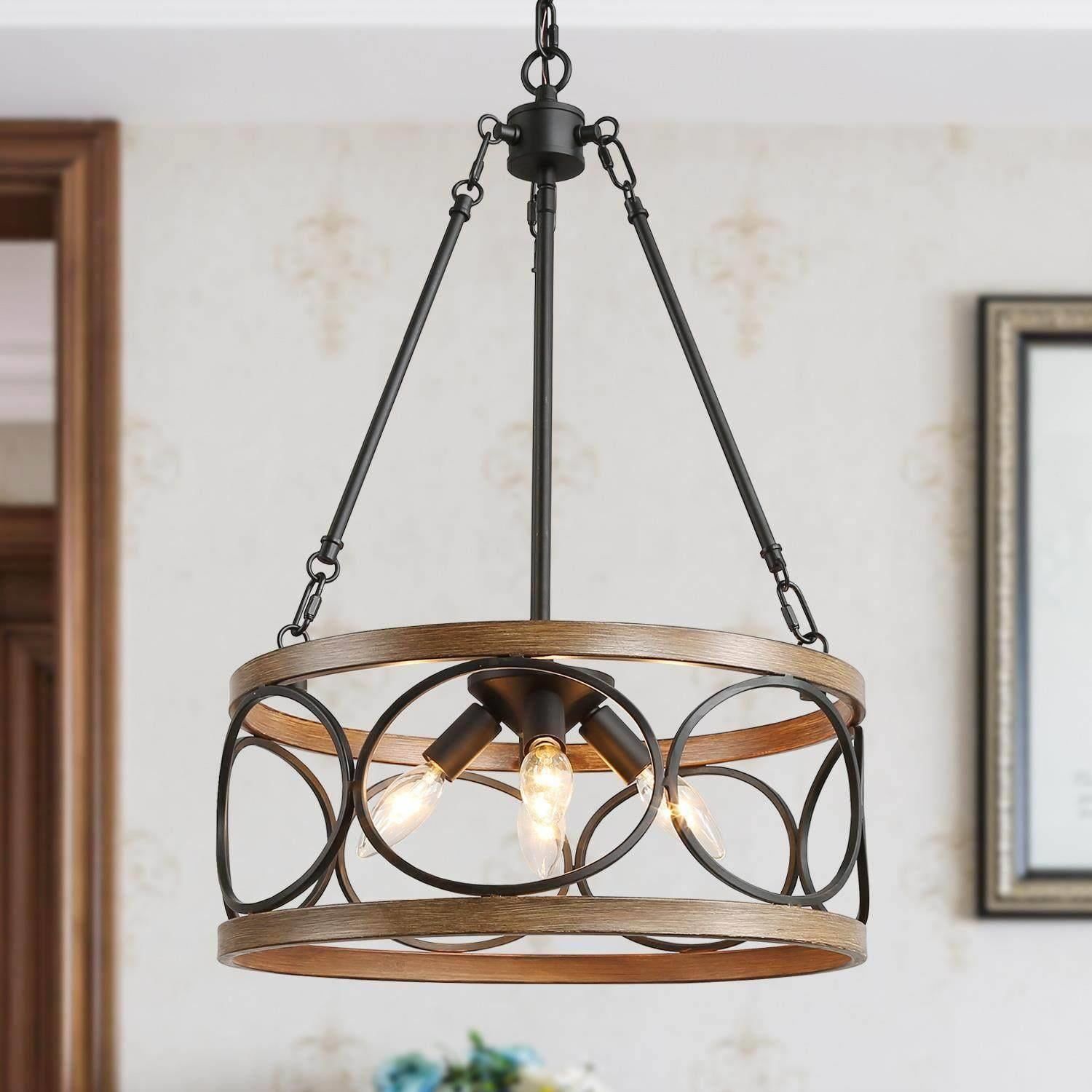 16'' Black and Brown Wood Drum Chandelier