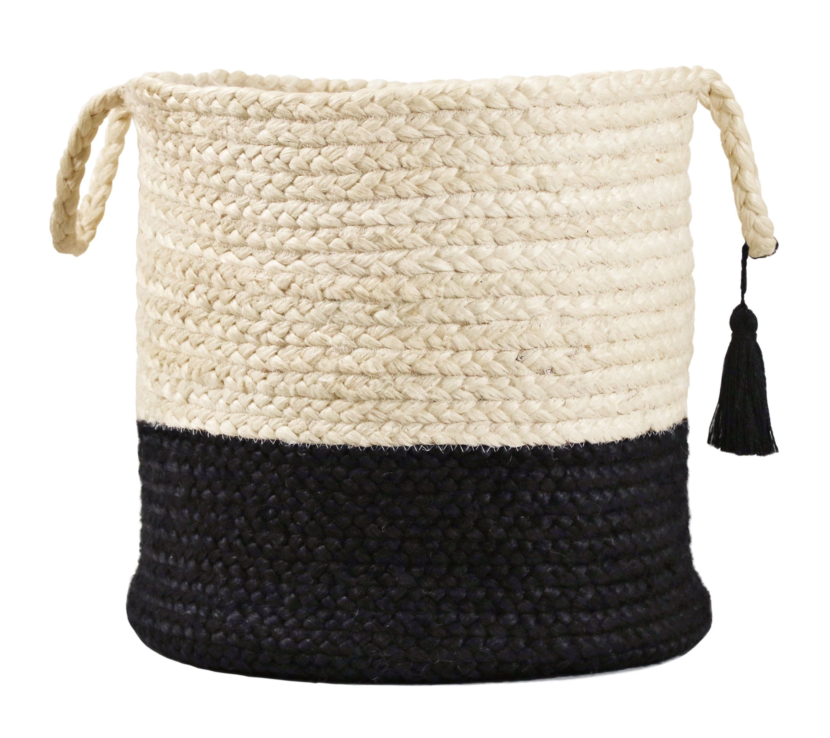 17" Cream and Black Round Jute Storage Basket