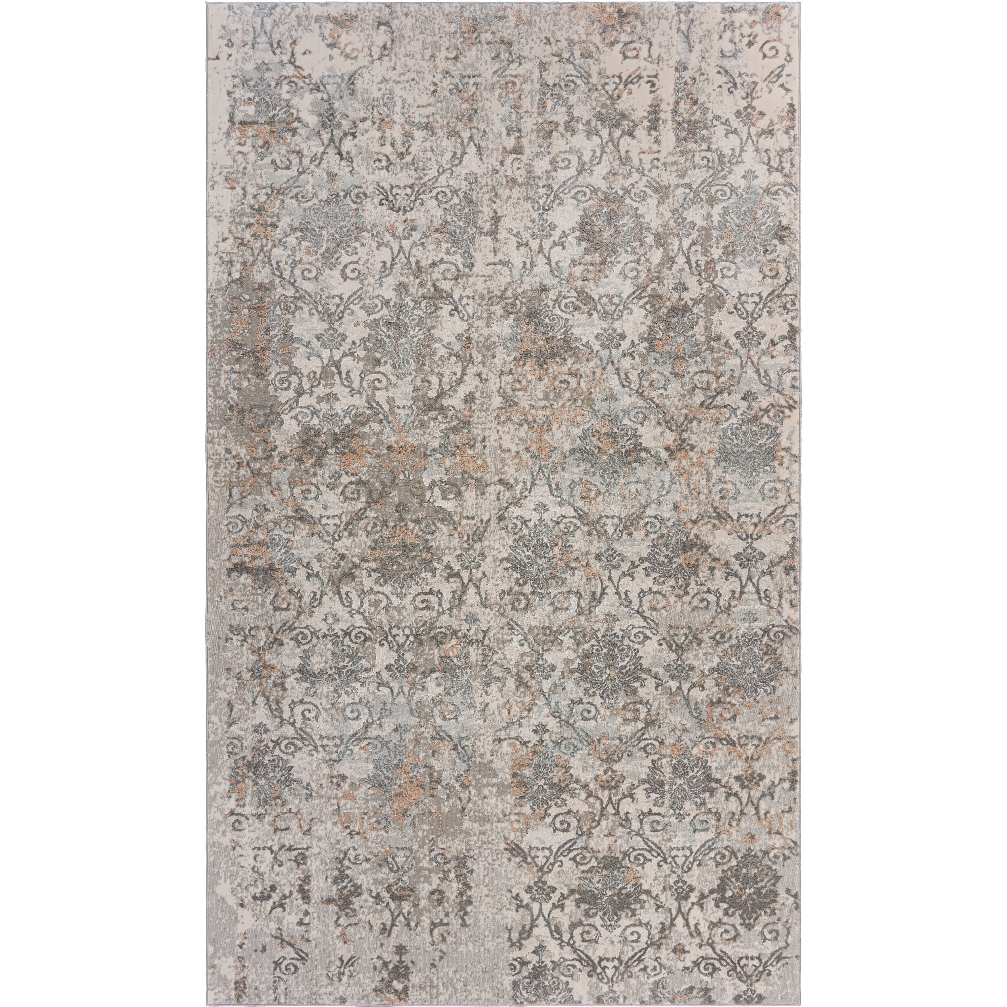 Gray and Cream Floral Damask Wool Area Rug