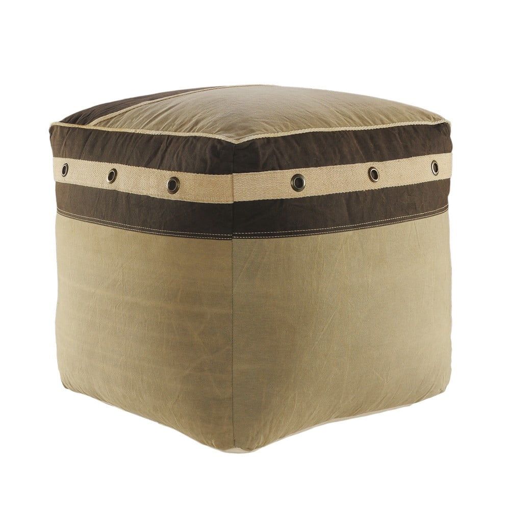 Rustic Farmhouse Striped Border Pouf in Gray/Brown, 20" Cube