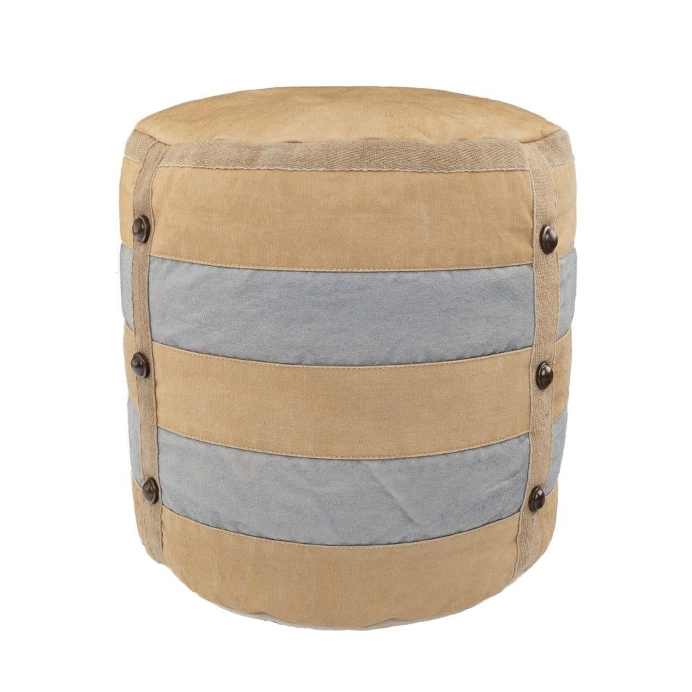 Handmade Striped Cotton Pouf in Beige and Gray, 16" Round