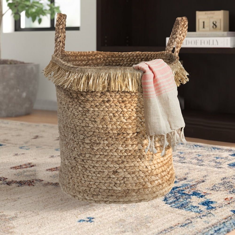 Braided Jute Round Storage Basket with Fringe Detail (17"x15")