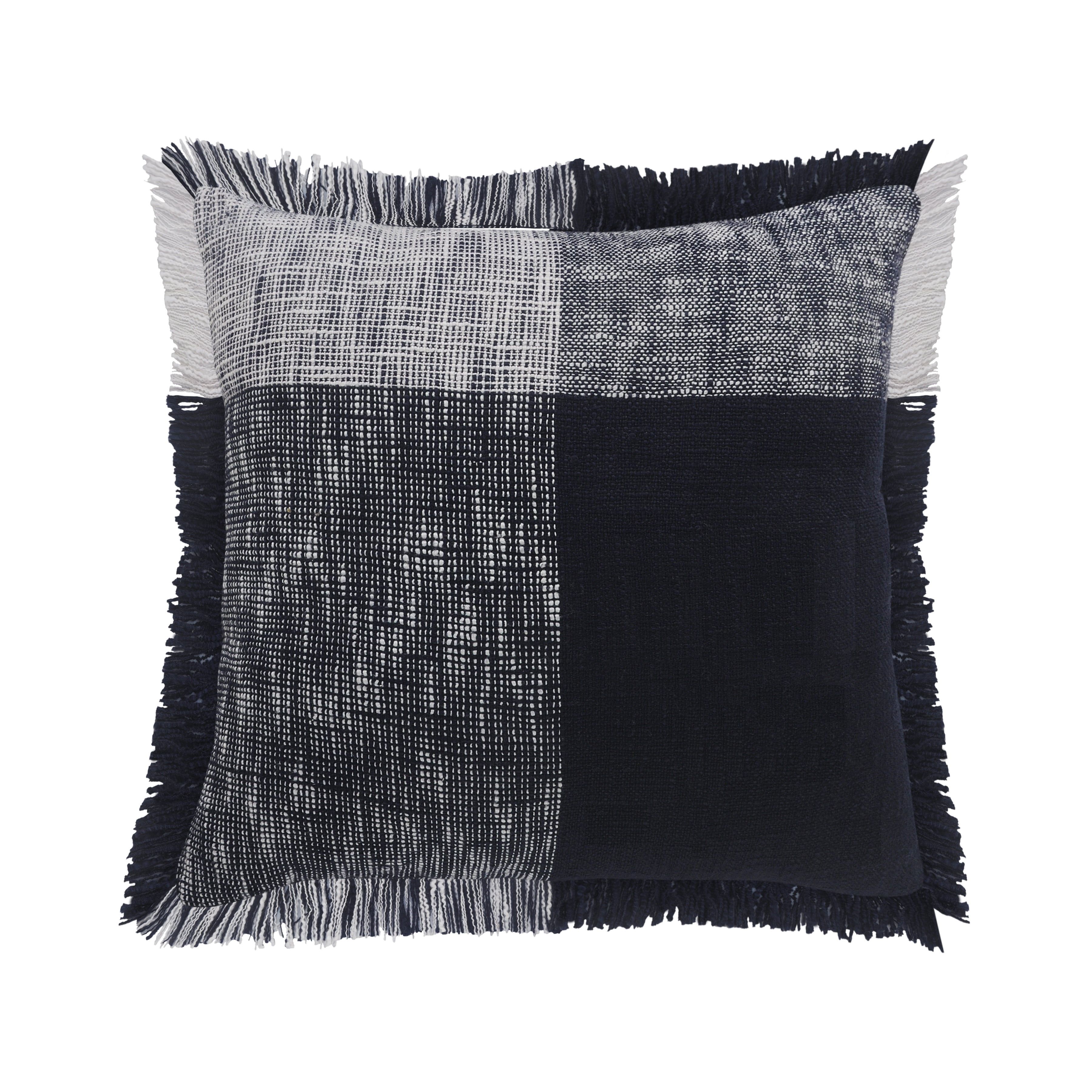 Navy Blue and White Plaid Fringe 20" Square Throw Pillow