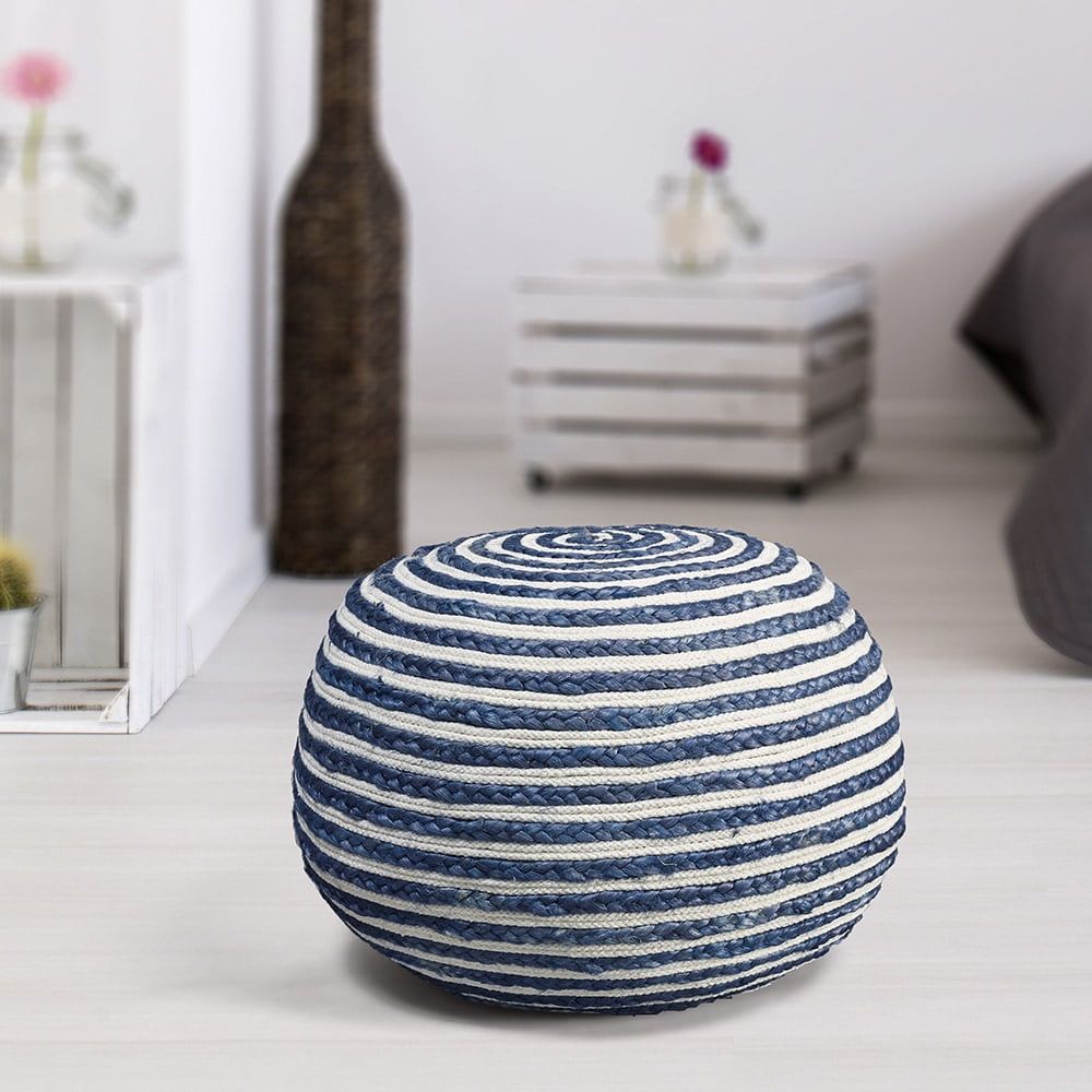 Seafaring Striped Braided Jute-Cotton Pouf, Blue/White, 20"x14"