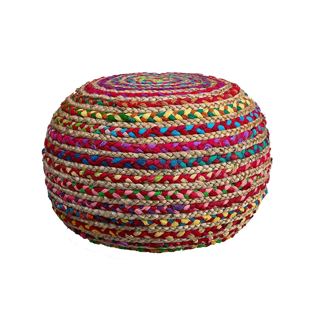 Boho Beauty Braided Jute and Cotton 20" Pouf, Multicolor